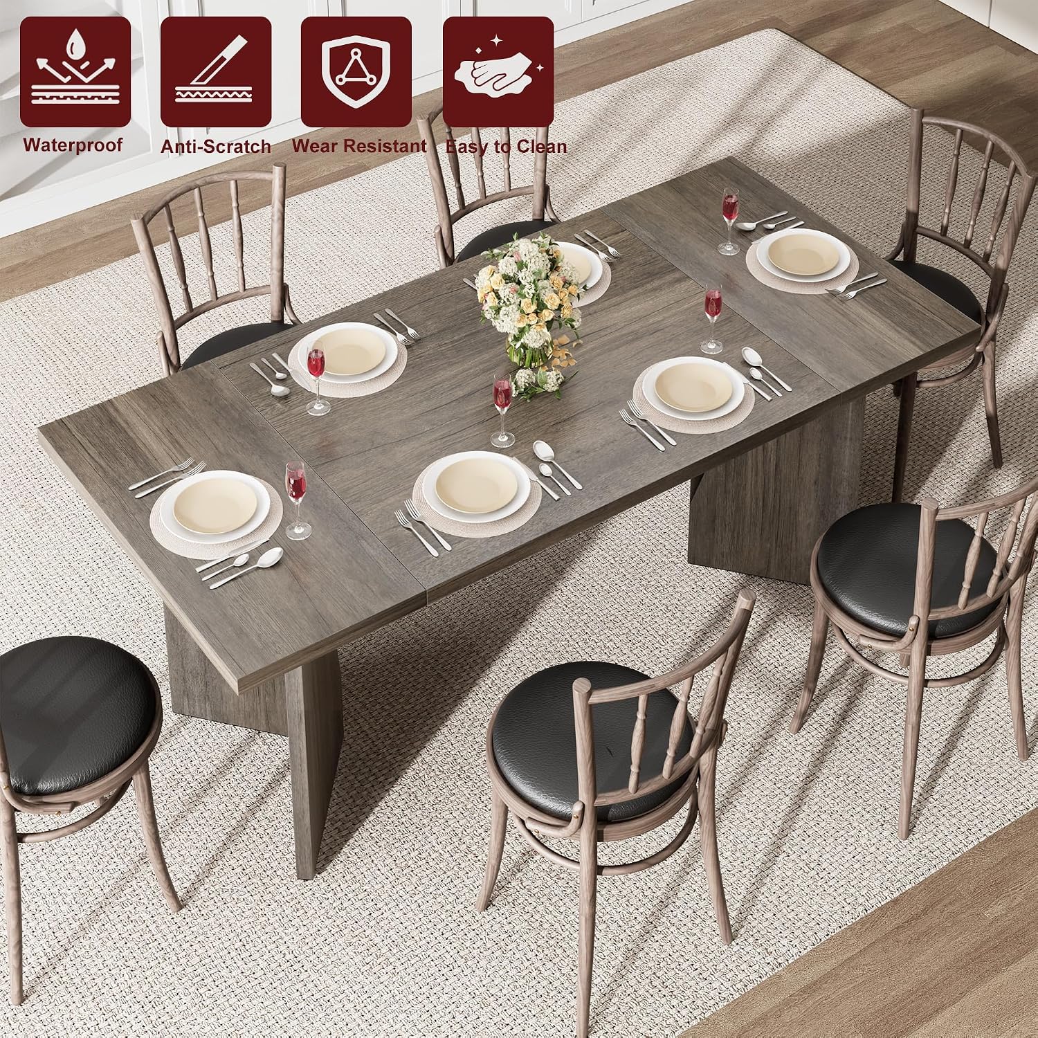 GarveeHome 70.9'' Rectangular Dining Table for 6-8, Wooden Thickened Long Desk, Farmhouse Kichen Table with Sturdy Frame and M-Shaped Legs, for Dining Room, Kitchen, Living Room, Office, Grey