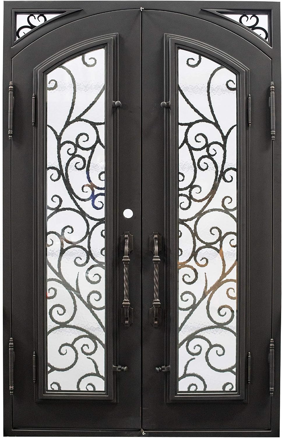Carthage Exterior Pre-Hung Double Front Entry Door Wrought Iron with Operable Tempered Aqua Lite Glass Inside Swing Dark Bronze Finish (62 By 82 Right Hinge Active)