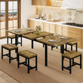 Einhomn 7-Piece Dining Table Set, 63' Extendable Kitchen Room Table with 6 Stools, Mid Century Modern Dinner Table with Metal Frame & MDF Board, Space-Saving, Easy Assembly, Rustic Brown