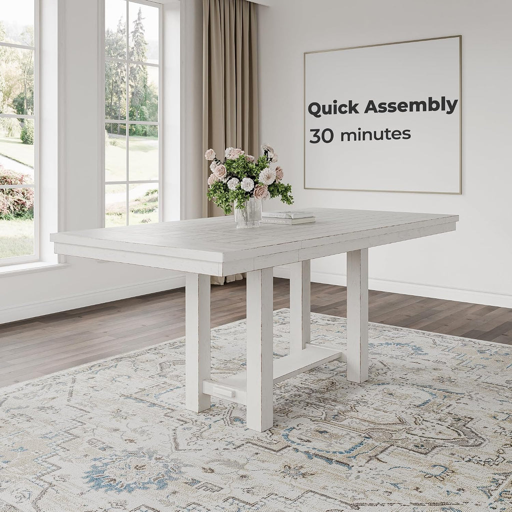 Signature Design by Ashley Robbinsdale Farmhouse Distressed Counter Height Dining Extension Table with Trestle Base, Planked Effect and 2 Removable End Leaves, White