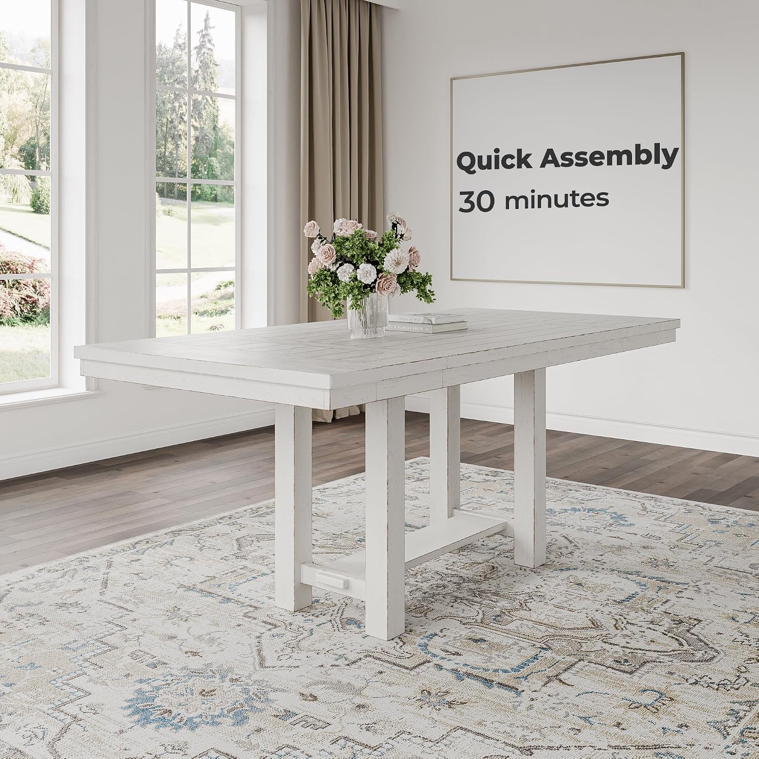 Signature Design by Ashley Robbinsdale Farmhouse Distressed Counter Height Dining Extension Table with Trestle Base, Planked Effect and 2 Removable End Leaves, White