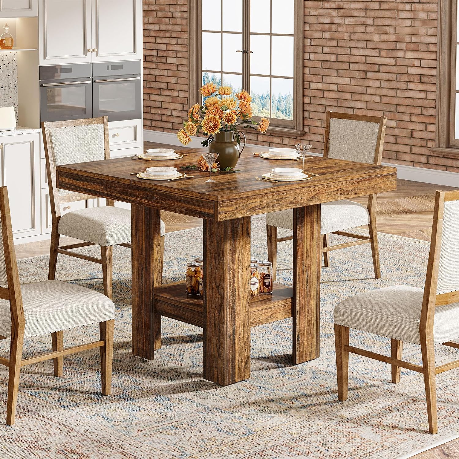 Tribesigns 31.5' Square Dining Table for 4, Small Kitchen Table with Shelf Storage, Compact Dining Room Furniture for Apartments, Offices, Living Rooms, Restaurants, Brown
