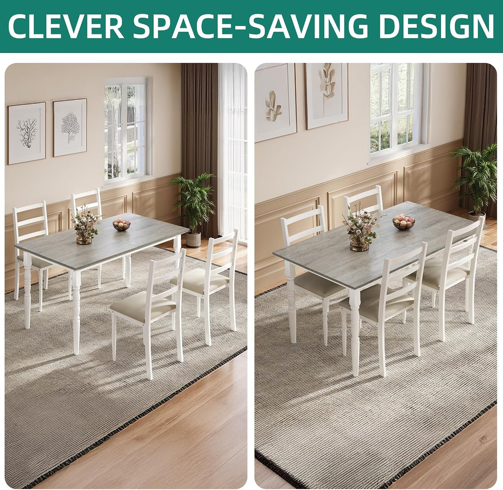 YITAHOME 5-Piece Dining Table Set for 4, Farmhouse Dining Room Table with Chairs Faux Leather Upholstered, Rectangular Kitchen Dinner Table Set for Small Spaces & Apartment, White Grey