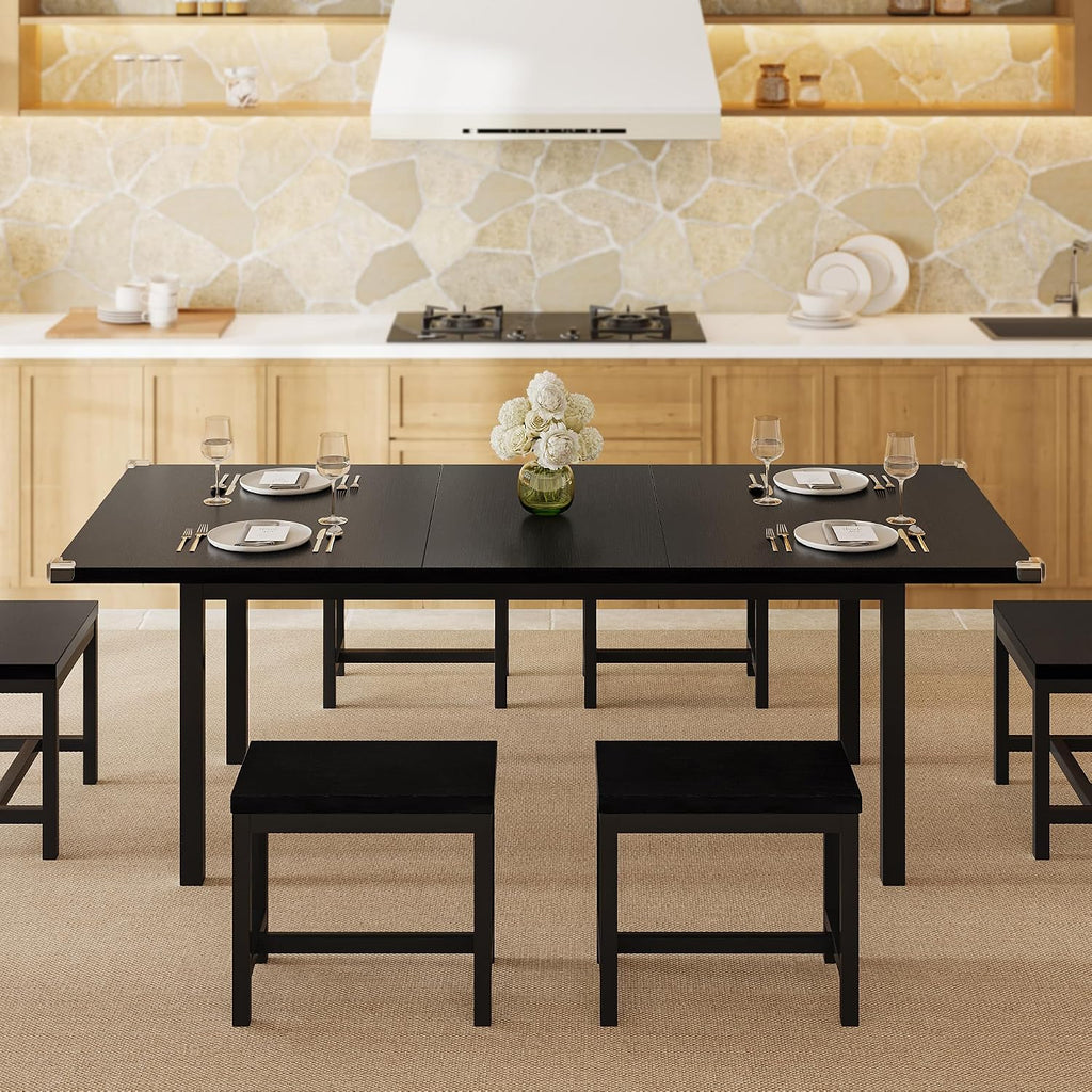 Einhomn 7-Piece Dining Table Set, 63' Extendable Kitchen Room Table with 6 Stools, Mid Century Modern Dinner Table with Metal Frame & MDF Board, Space-Saving, Easy Assembly, Black