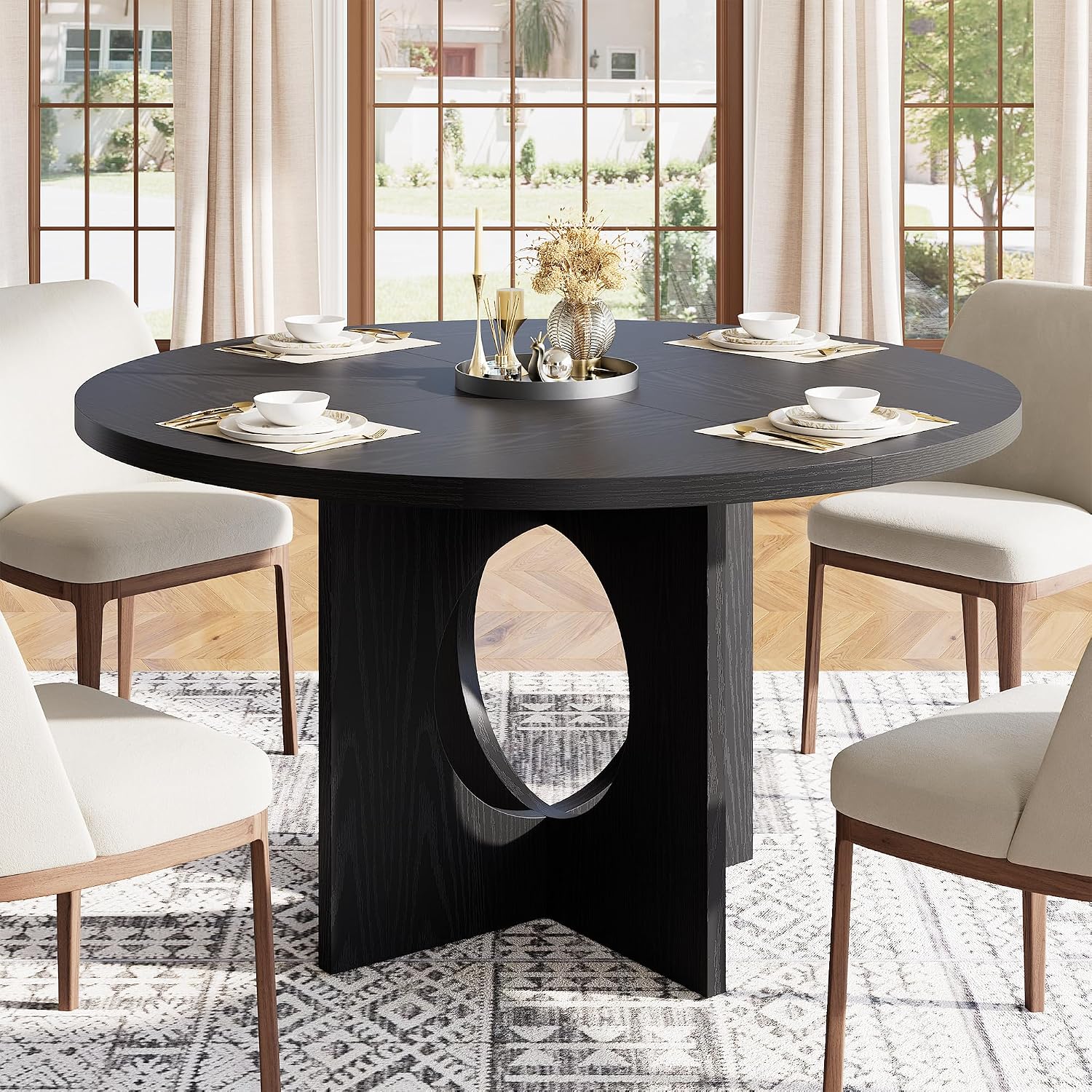 Garvee 47' Round Dining Table for 4-6 People - Circle Kitchen Dinner Table with Sturdy Pedestal Base, Space Saving Dinning Room Furniture for Living Room, Kitchen, Apartment, Black