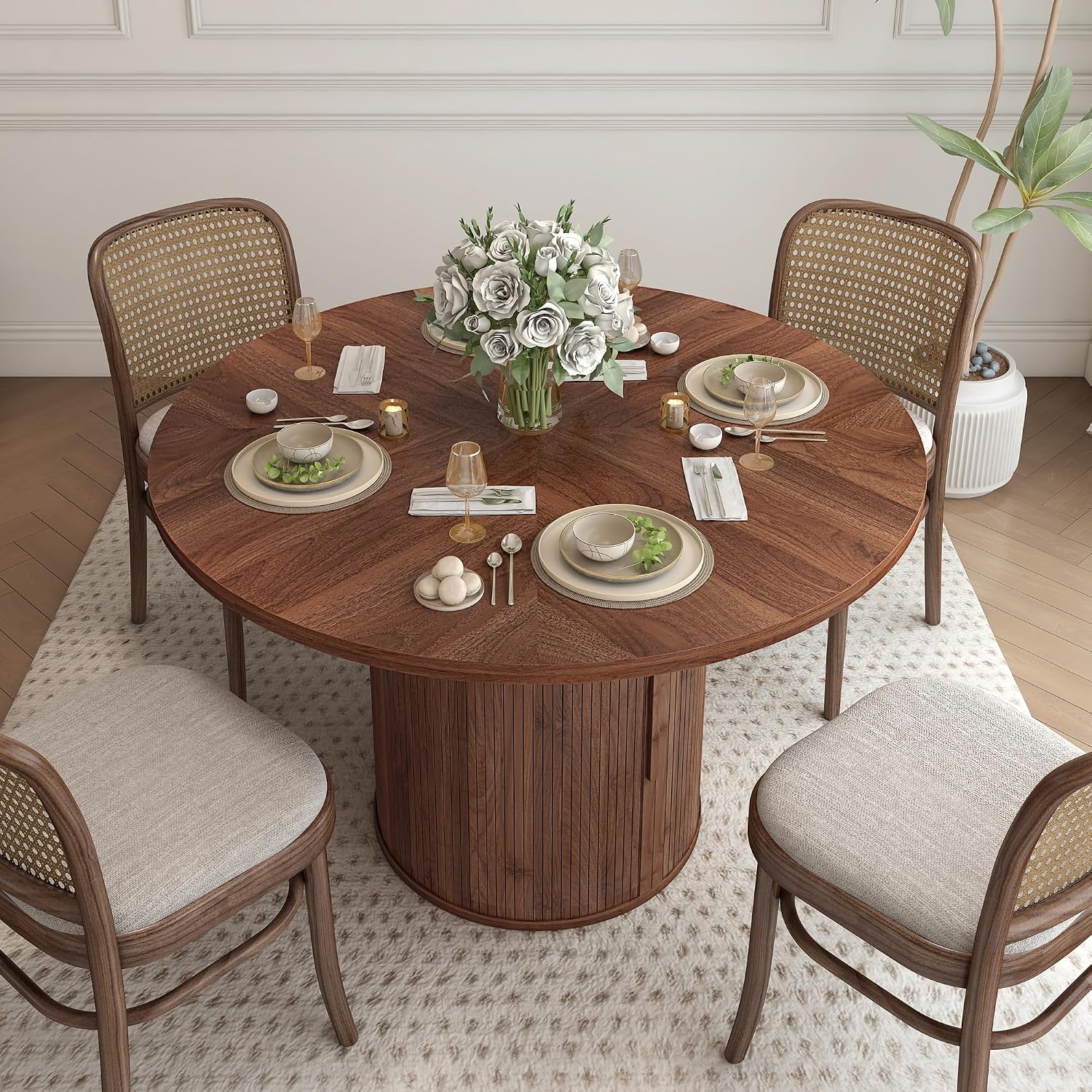 weselon 47 inch Round Dining Table for 4, Kitchen Table Dinner Table with 2-Layer Storage Shelf and Wood Slide Door for Home Dining Room Living Room (Walnut)