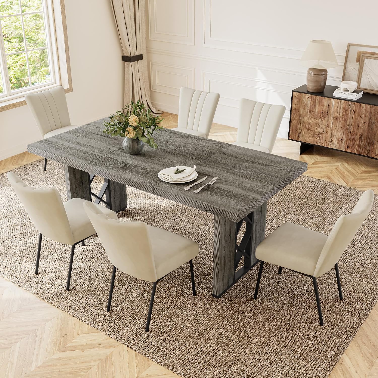 HIPIHOM 7-Piece Dining Table Set for 6 People, 70.8' MDF Kitchen Table with 6 Velvet Chairs, Space-Saving for Dining Room, Breakfast Nook(Grey Table+6 Beige Chairs)