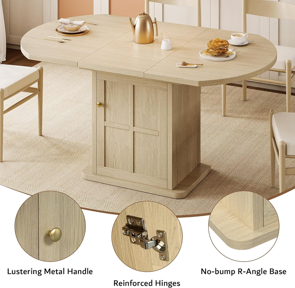 iPormis Round Dining Table for 4-6, 59'' Extendable Dining Room Kitchen Table with 2-Tier Storage Shelf, Wood Dinner Table with Door & Pedestal Base, for Kitchen Living Room, Space Saving, Natural
