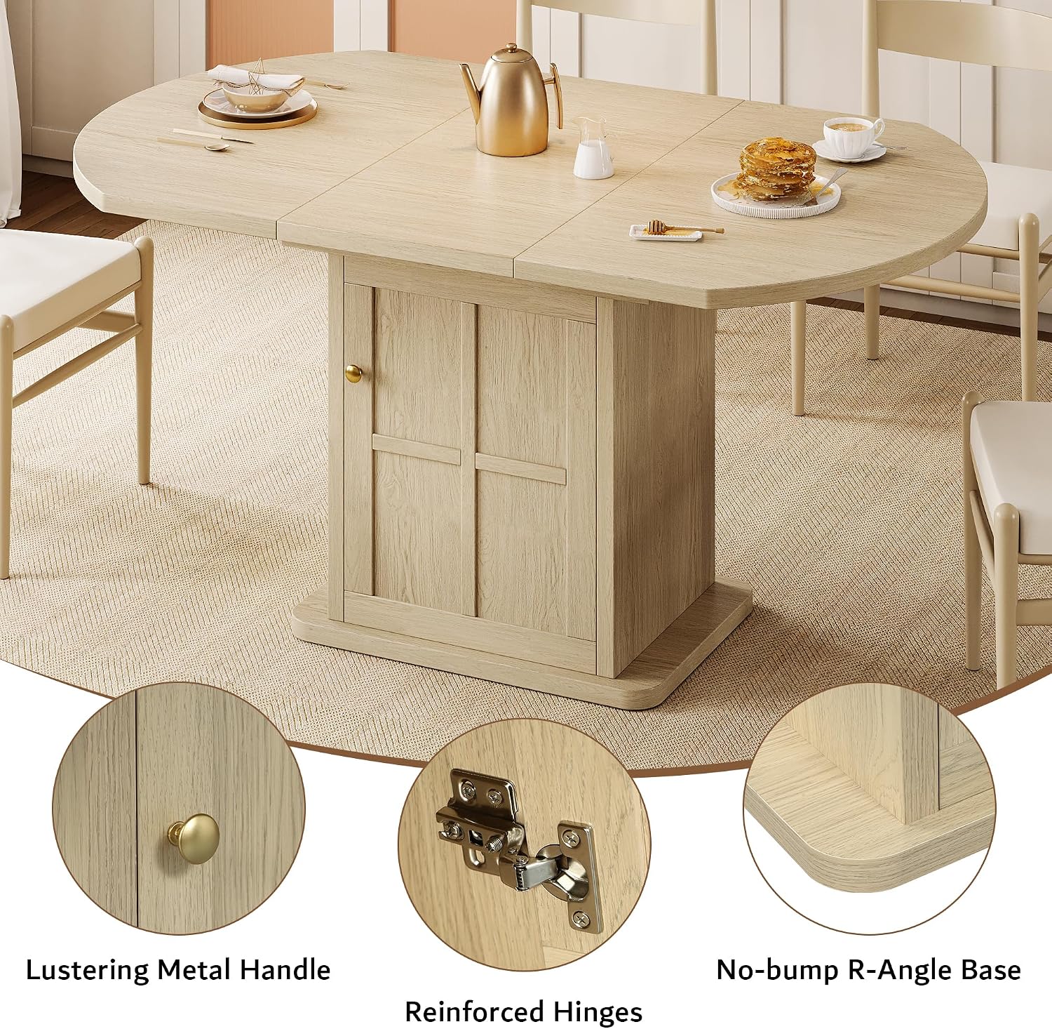 iPormis Round Dining Table for 4-6, 59'' Extendable Dining Room Kitchen Table with 2-Tier Storage Shelf, Wood Dinner Table with Door & Pedestal Base, for Kitchen Living Room, Space Saving, Natural