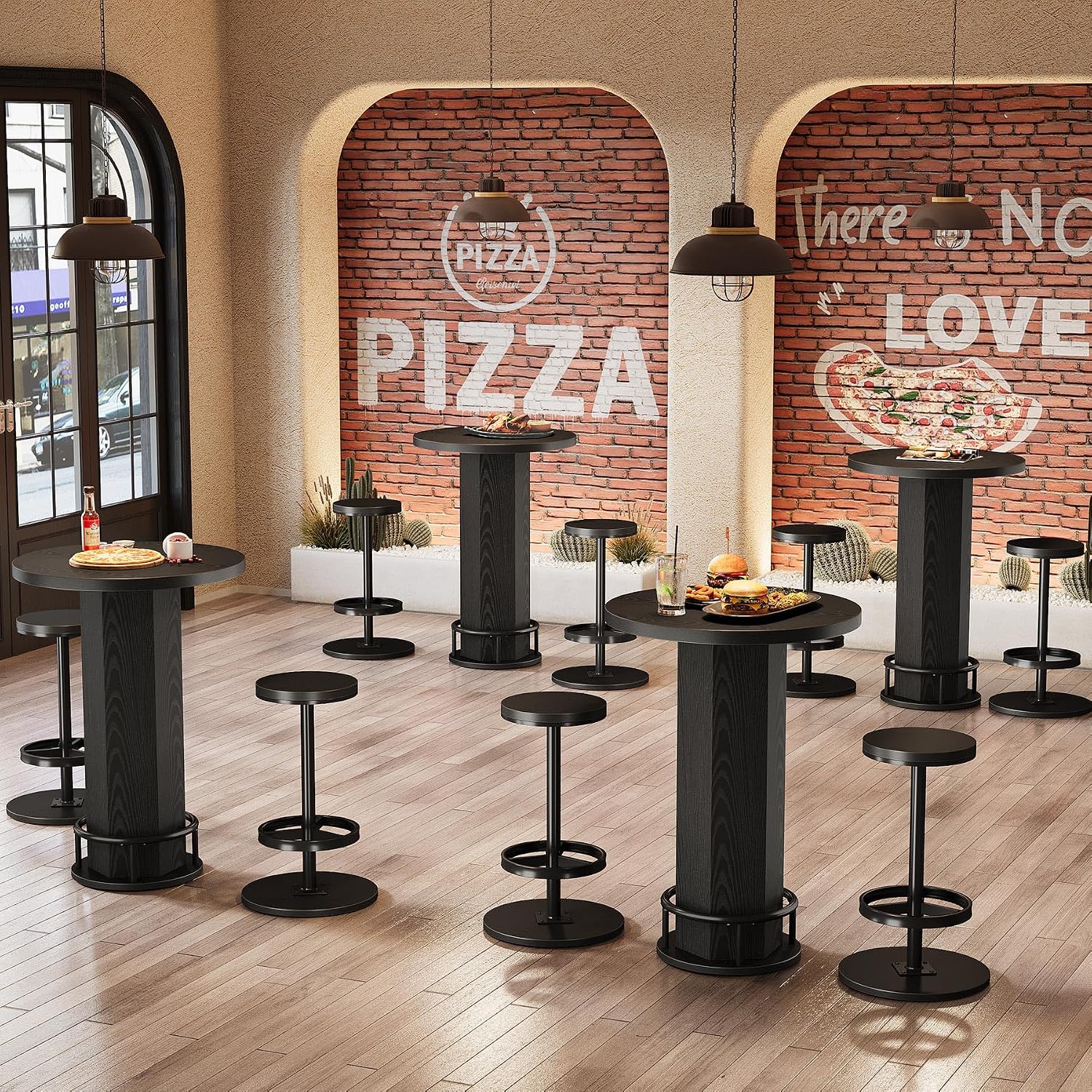 Tribesigns Round Bar Table with Chairs, Industrial Bistro Sets with 2 barstools, Pub Cocktail Table with Metal Ring Footrest for Kitchen Nook, Apartment, Small Space