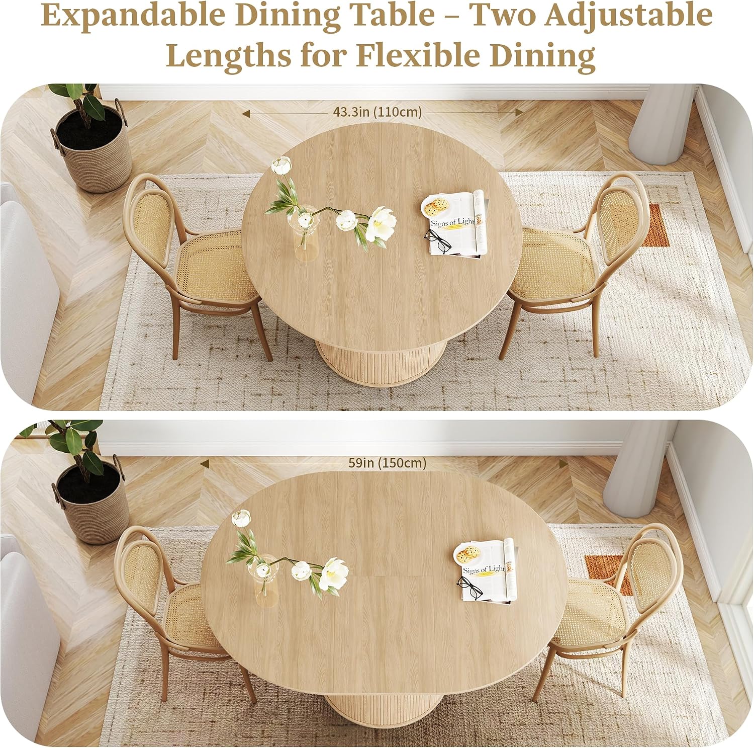 weselon 43'-59' Extendable Round to Oval Dining Table with Hidden Storage, Modern Wooden Kitchen Table with Fluted Sliding Door Cabinet, Expandable Dinner Table for Dining Room Living Room (Natural)