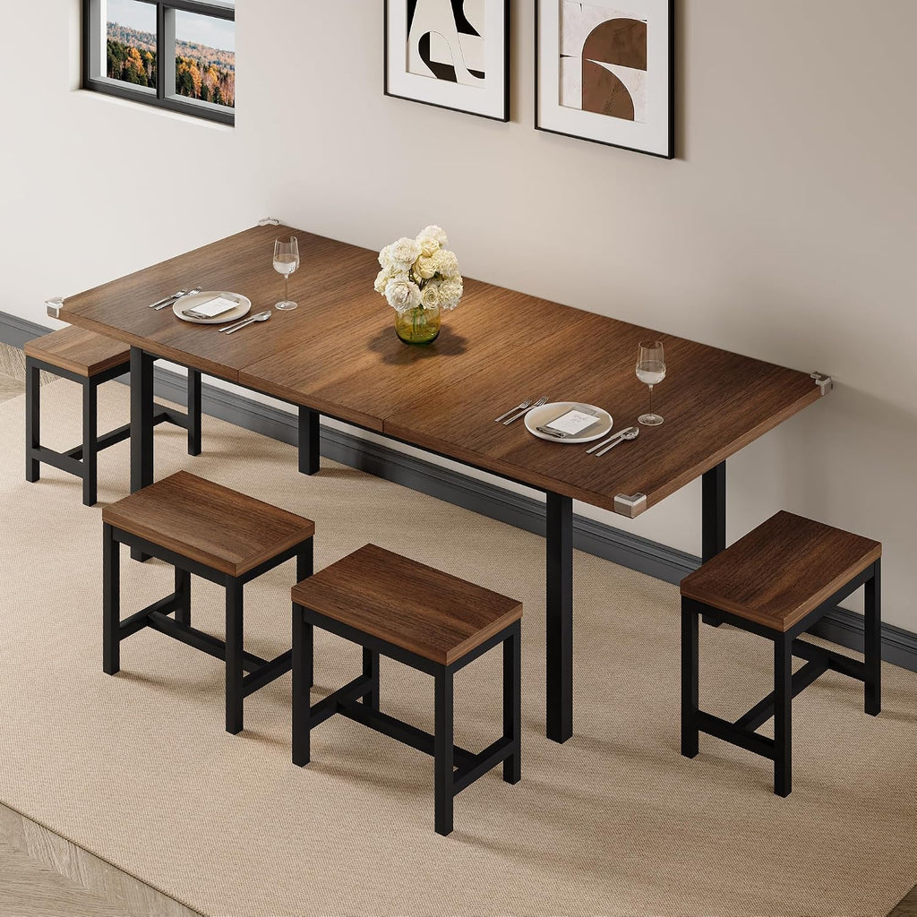 Einhomn 7-Piece Dining Table Set, 63' Extendable Kitchen Room Table with 6 Stools, Mid Century Modern Dinner Table with Metal Frame & MDF Board, Space-Saving, Easy Assembly, Walnut