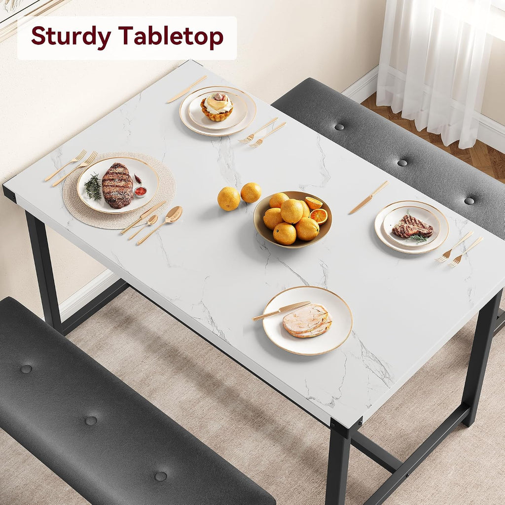 IDEALHOUSE Dining Table Set for 4, Kitchen Table with 2 Upholstered Benches, Rectangular Dining Room Table Set, 3 Piece Kitchen Table Set for Small Space, Apartment, Studio, Marble White