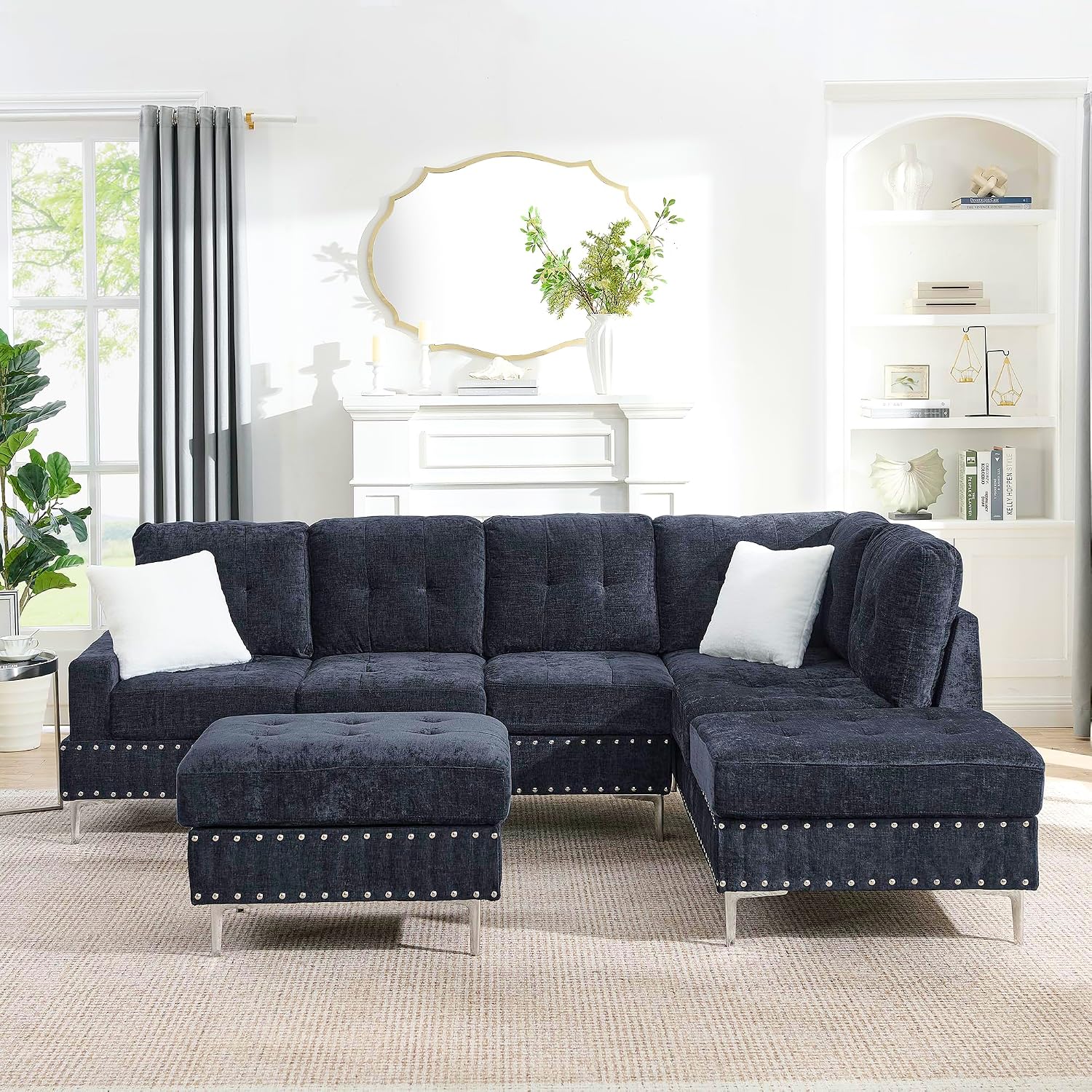 102' L-Shaped Sectional Coch with Chaise & Storage Ottoman, 4-Seater Chenille Upholstered Sofa Couch with Metal Legs & Copper Rivets, Sectional Couches for Living Room with Pillow Back, Navy Bule
