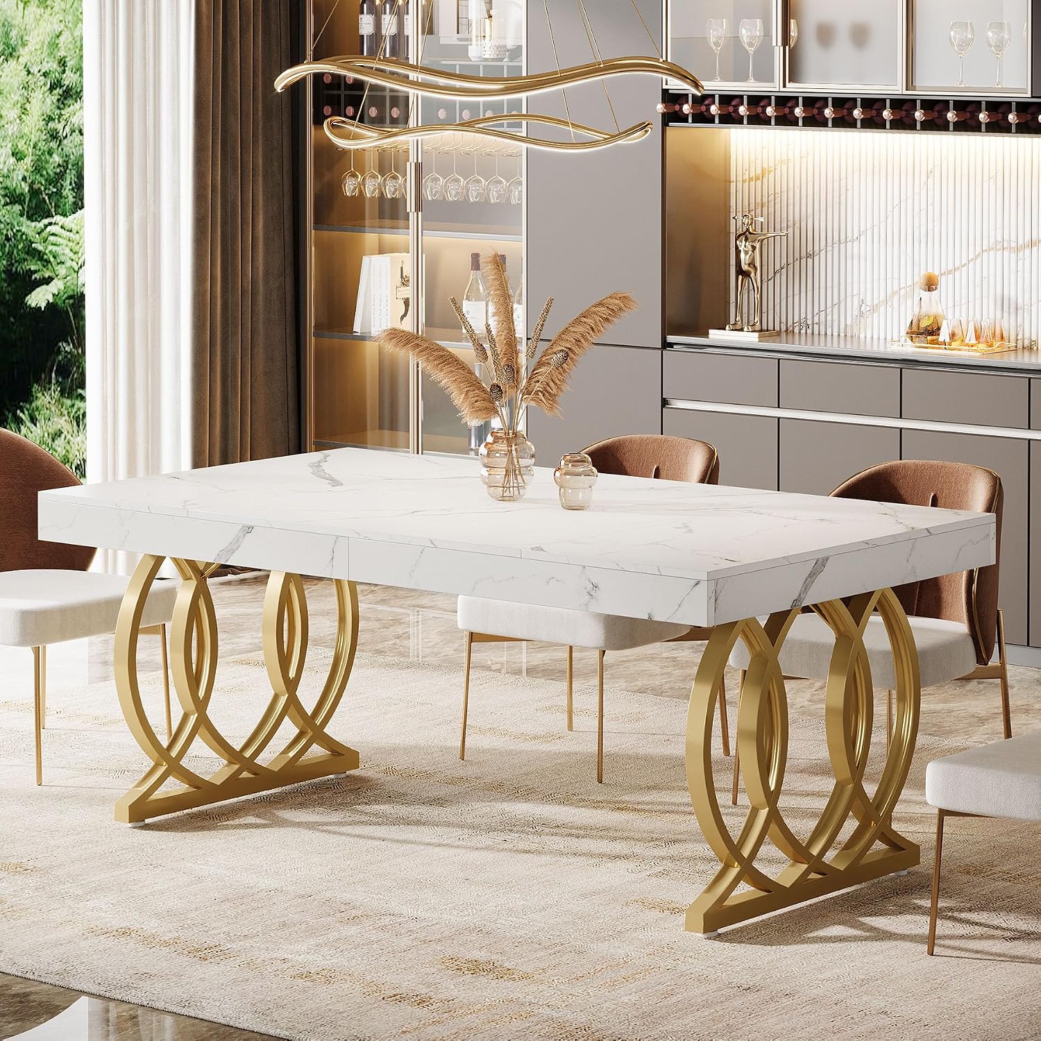 Tribesigns 63-Inch Dining Table for 4-6, Modern Kitchen Table with Faux Marble Tabletop and Geometric Legs, Rectangle Dining Room Furniture for Living Room, Kitchen, White and Gold