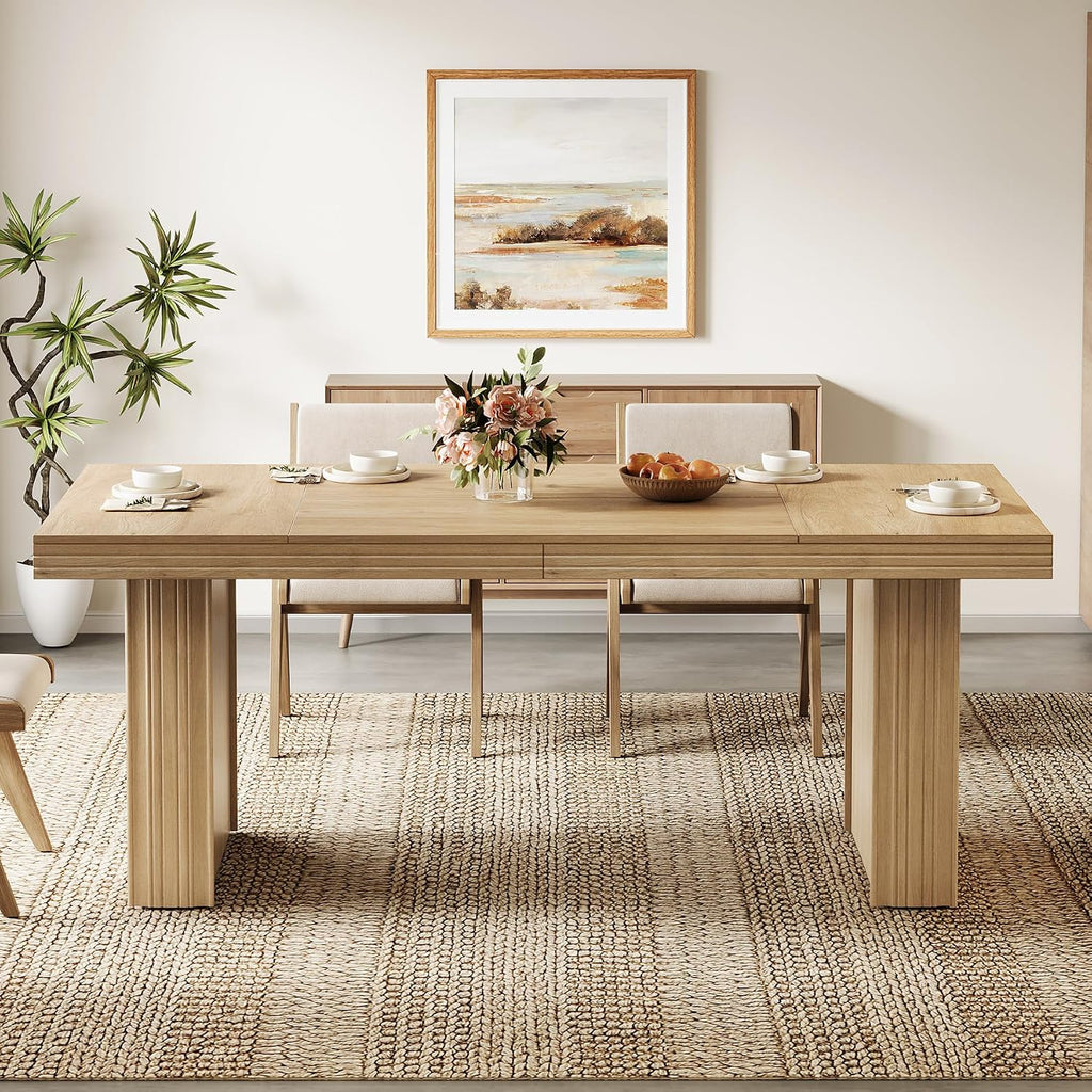 Tribesigns 63 Inches Farmhouse Dining Table for 6, Modern Kitchen Table with Fluted Line for Dining Room, Living Room, Natural