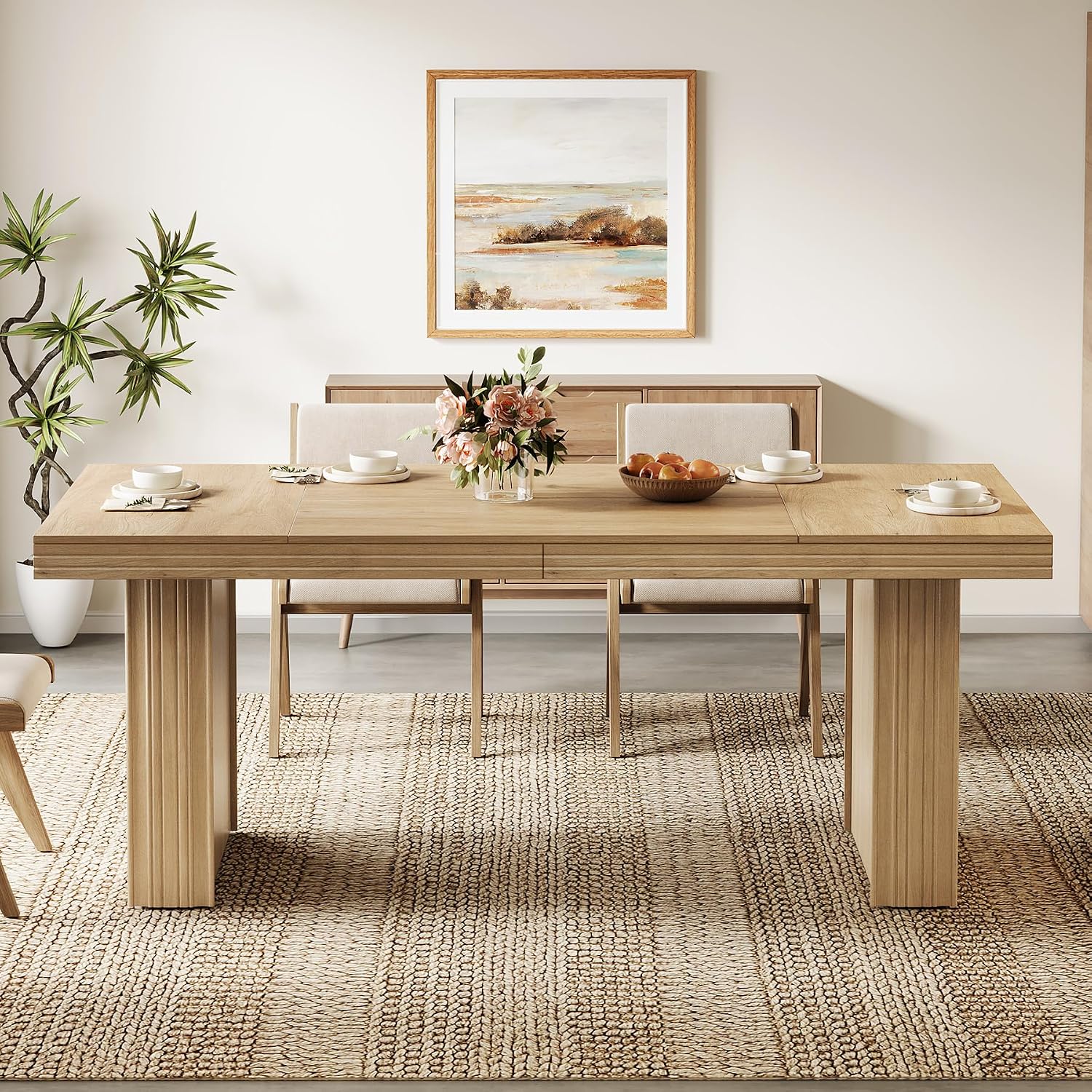 Tribesigns 63 Inches Farmhouse Dining Table for 6, Modern Kitchen Table with Fluted Line for Dining Room, Living Room, Natural