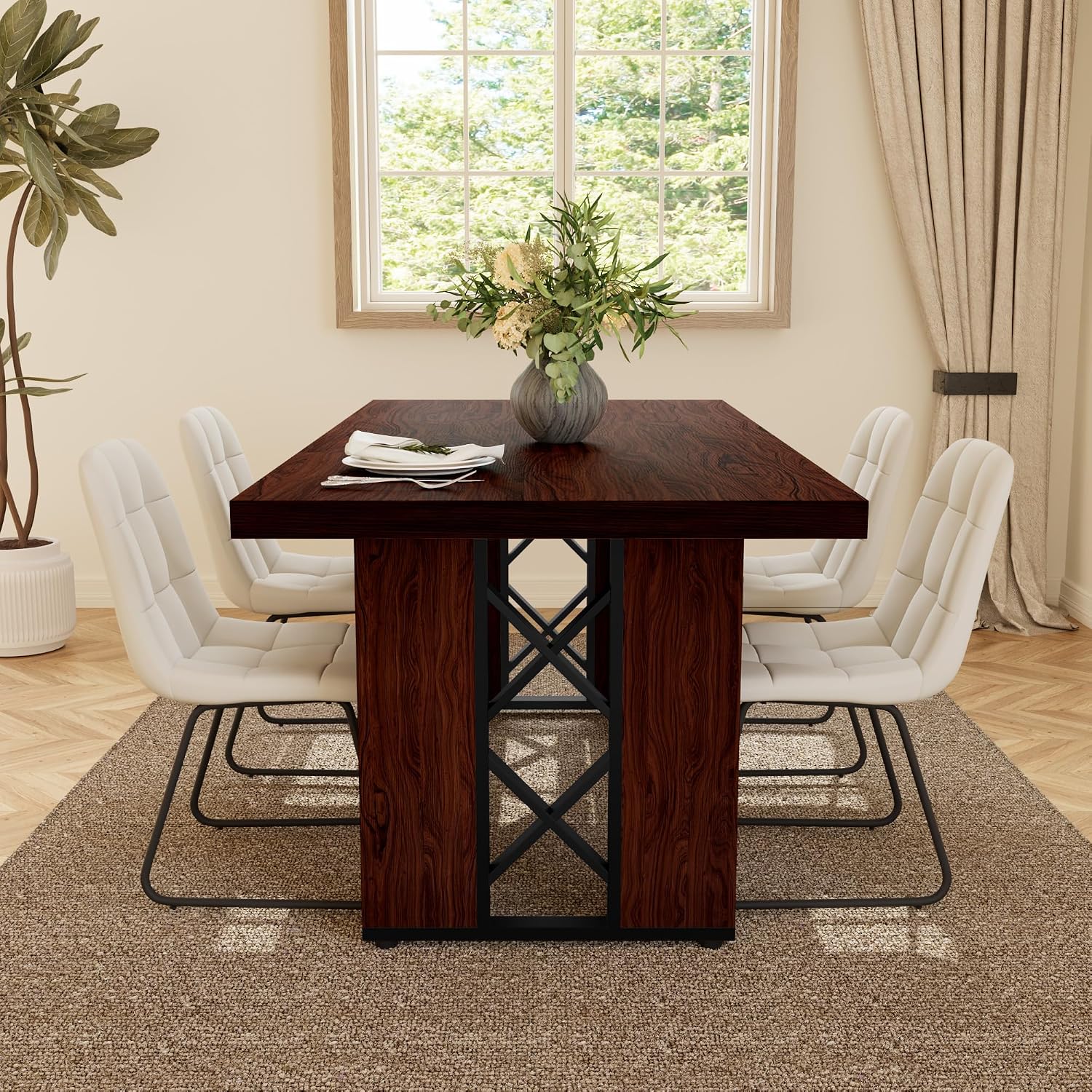 HIPIHOM 7-Piece Dining Table Set for 6 People, 70.8' MDF Kitchen Table with 6 Upholstered Chairs, Space-Saving for Dining Room, Breakfast Nook(Walnut Table+6 White Chairs