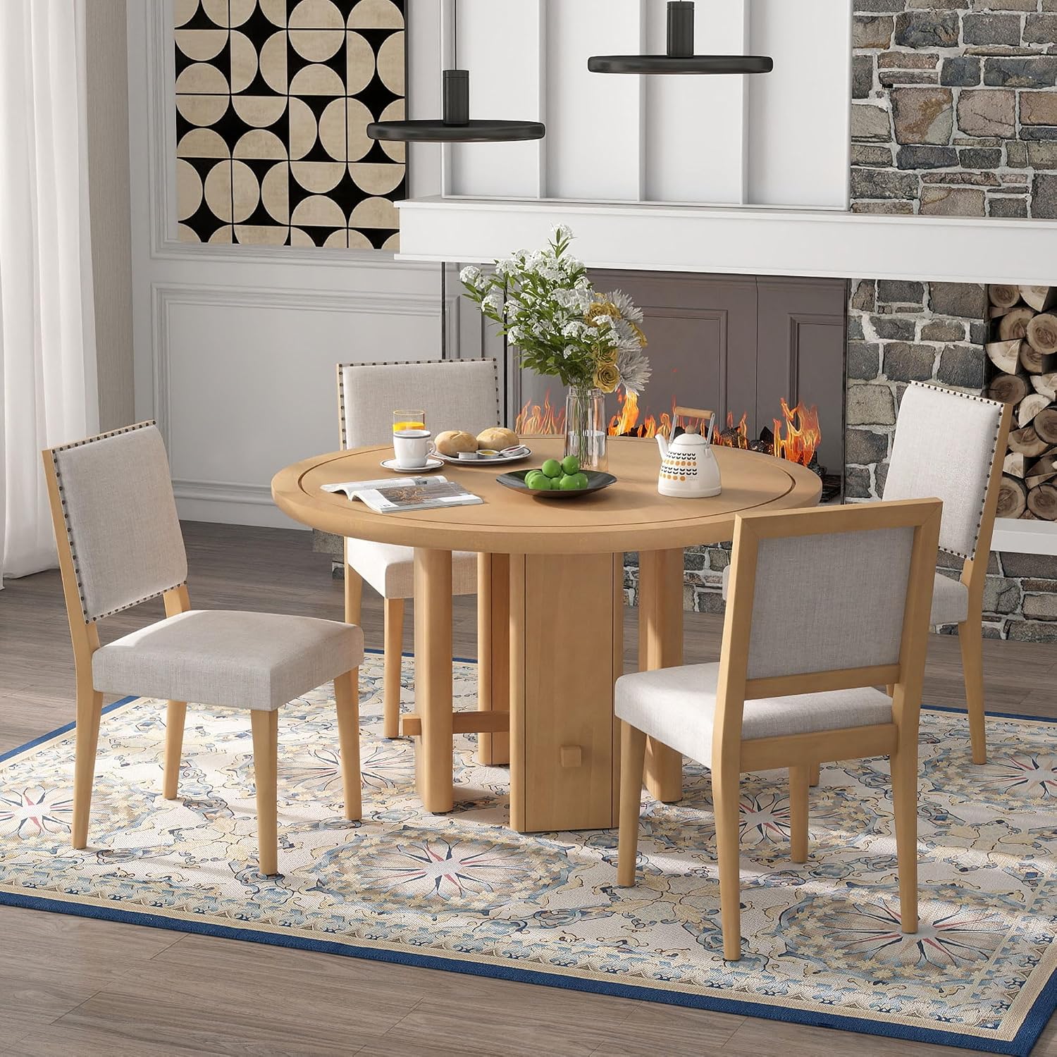 Merax 5-Piece Round Dining Table Set for 4, Minimalist Farmhouse Dining Table with 4 Upholstered Chairs, Kitchen & Dining Room Sets, Beige+Natural