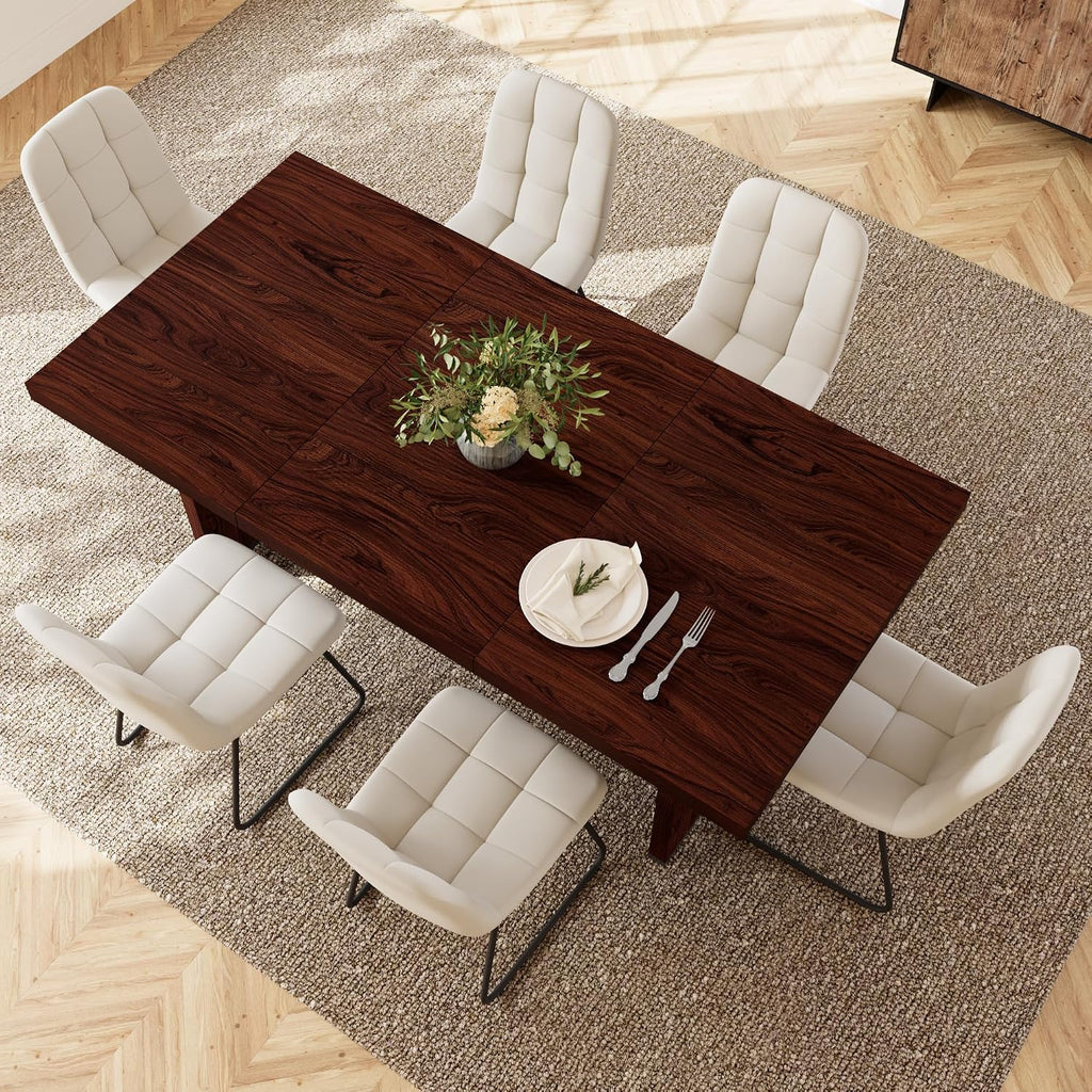 HIPIHOM 7-Piece Dining Table Set for 6 People, 70.8' MDF Kitchen Table with 6 Upholstered Chairs, Space-Saving for Dining Room, Breakfast Nook(Walnut Table+6 White Chairs