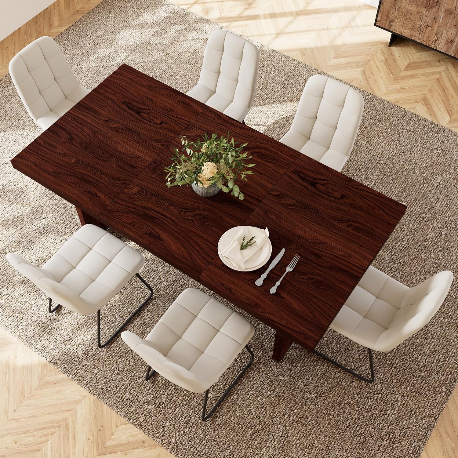 HIPIHOM 7-Piece Dining Table Set for 6 People, 70.8' MDF Kitchen Table with 6 Upholstered Chairs, Space-Saving for Dining Room, Breakfast Nook(Walnut Table+6 White Chairs