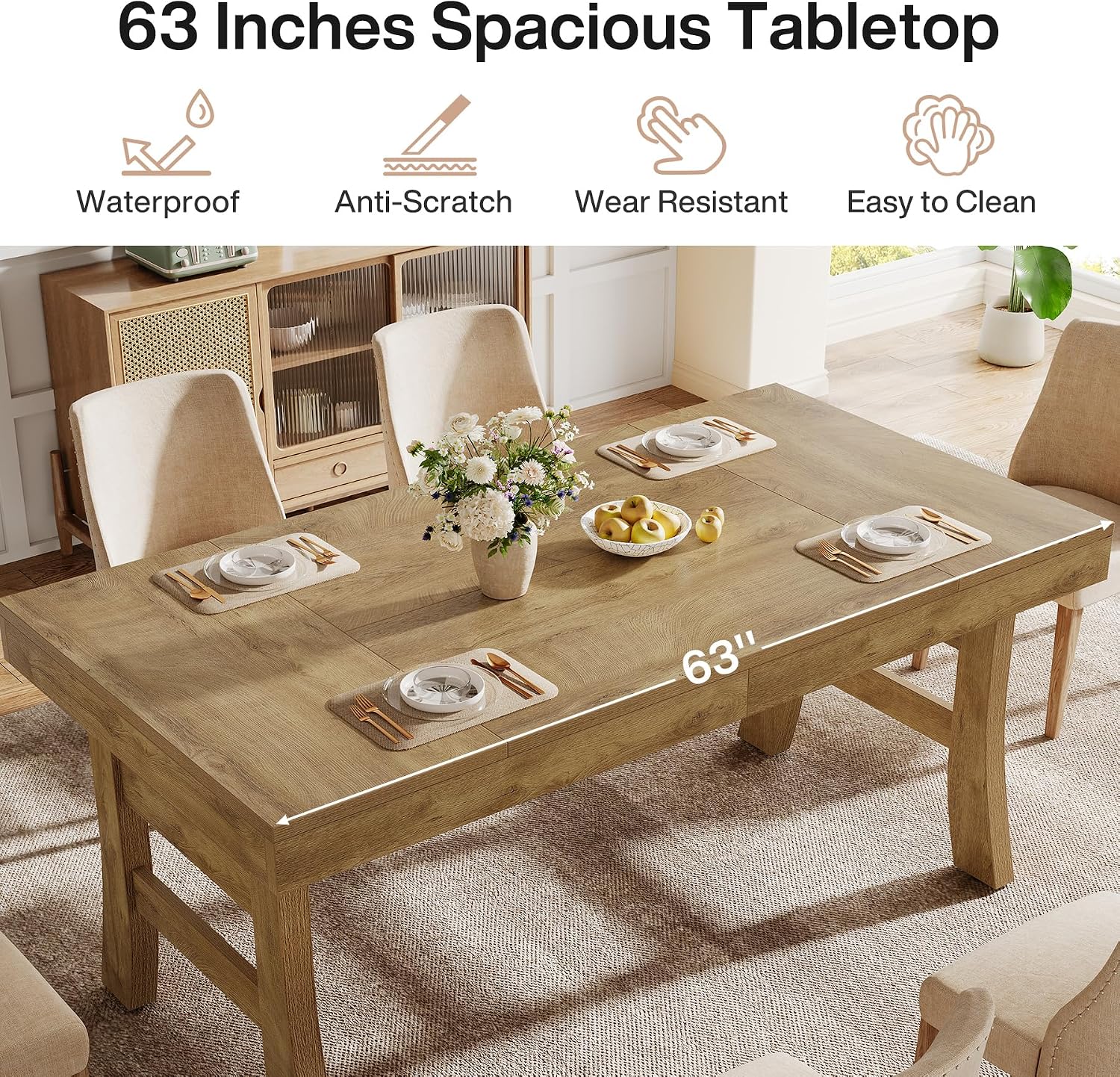 Tribesigns 63-Inch Dining Table for 4-6 People, Farmhouse Rectangular Large Kitchen Dinner Eating Table with Sturdy Legs for Home Kitchen, Dining Room, Light Brown