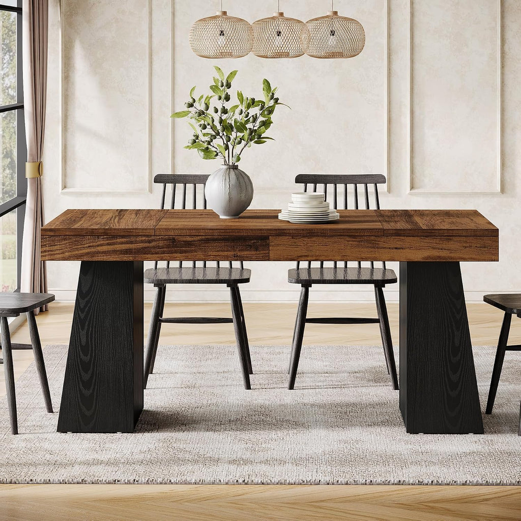 Tribesigns 55-Inch Dining Room Table for 4, Mid-Century Modern Dining Table with Double Pedstral, Rectangular Wood Kitchen Dinner Tables for Dining Room, Kitchen, Home, Black & Brown (Only Table)