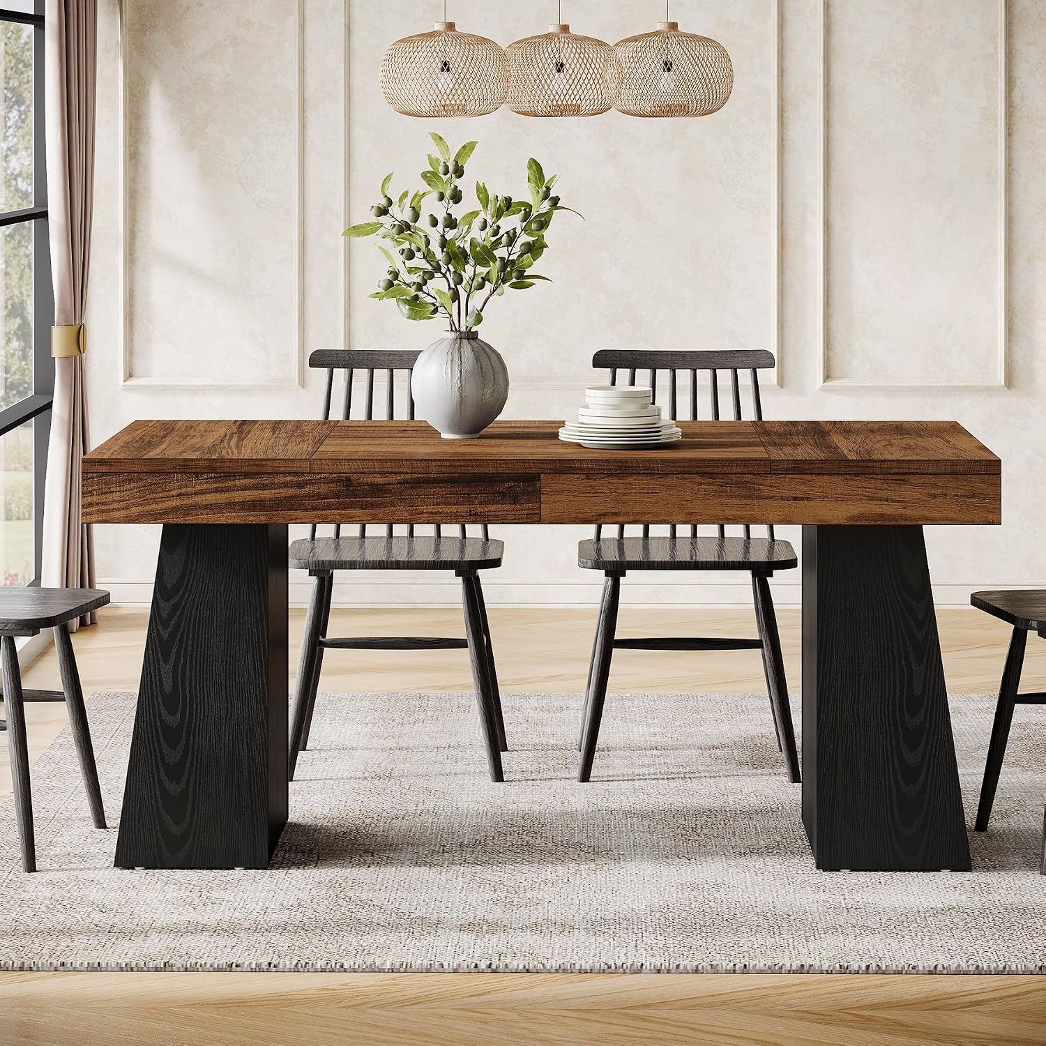 Tribesigns 55-Inch Dining Room Table for 4, Mid-Century Modern Dining Table with Double Pedstral, Rectangular Wood Kitchen Dinner Tables for Dining Room, Kitchen, Home, Black & Brown (Only Table)