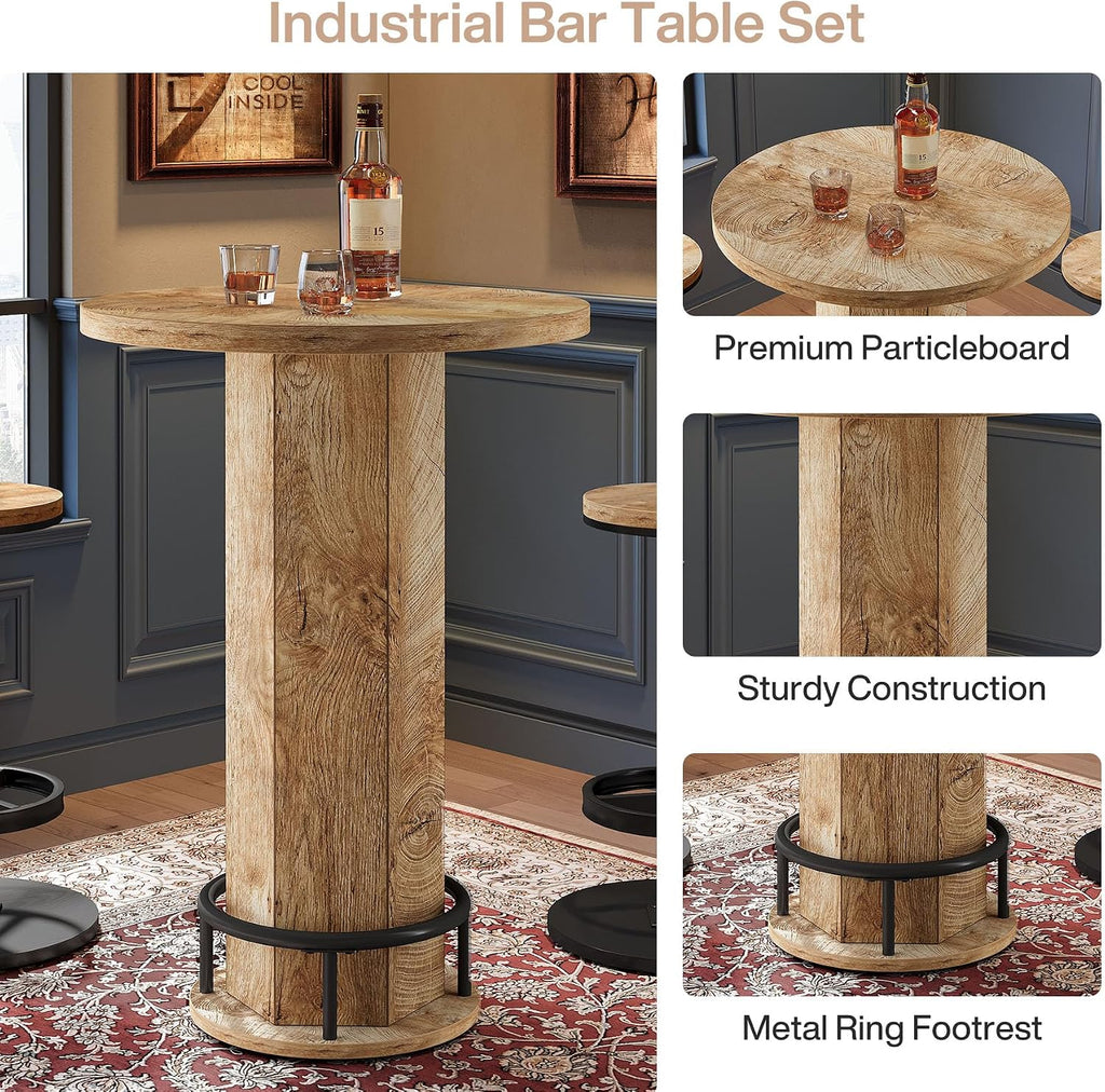 Tribesigns Round Bar Table with Chairs, Industrial Bistro Sets with 2 barstools, Pub Cocktail Table with Metal Ring Footrest for Kitchen Nook, Apartment, Small Space