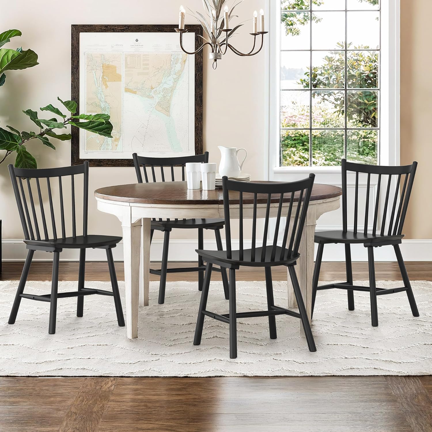 LUE BONA Upgraded Dining Chairs Set of 2, Farmhouse Wooden Spindle Back Kitchen Chairs, Windsor Dining Chairs for Kitchen and Dining Room, Black