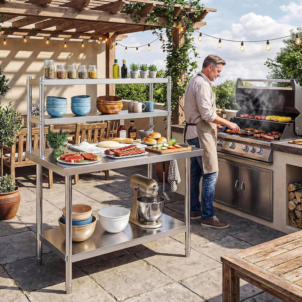 DWVO 48x24in Stainless Steel Table, NSF Metal Prep Worktable with Adjustable Overshelf for Kitchen Restaurant Hotel Garage Warehouse Home