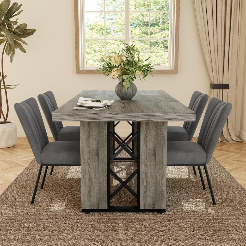 HIPIHOM 7-Piece Dining Table Set for 6 People, 70.8' MDF Kitchen Table with 6 Velvet Chairs, Space-Saving for Dining Room, Breakfast Nook(Grey Table+6 Grey Chairs)