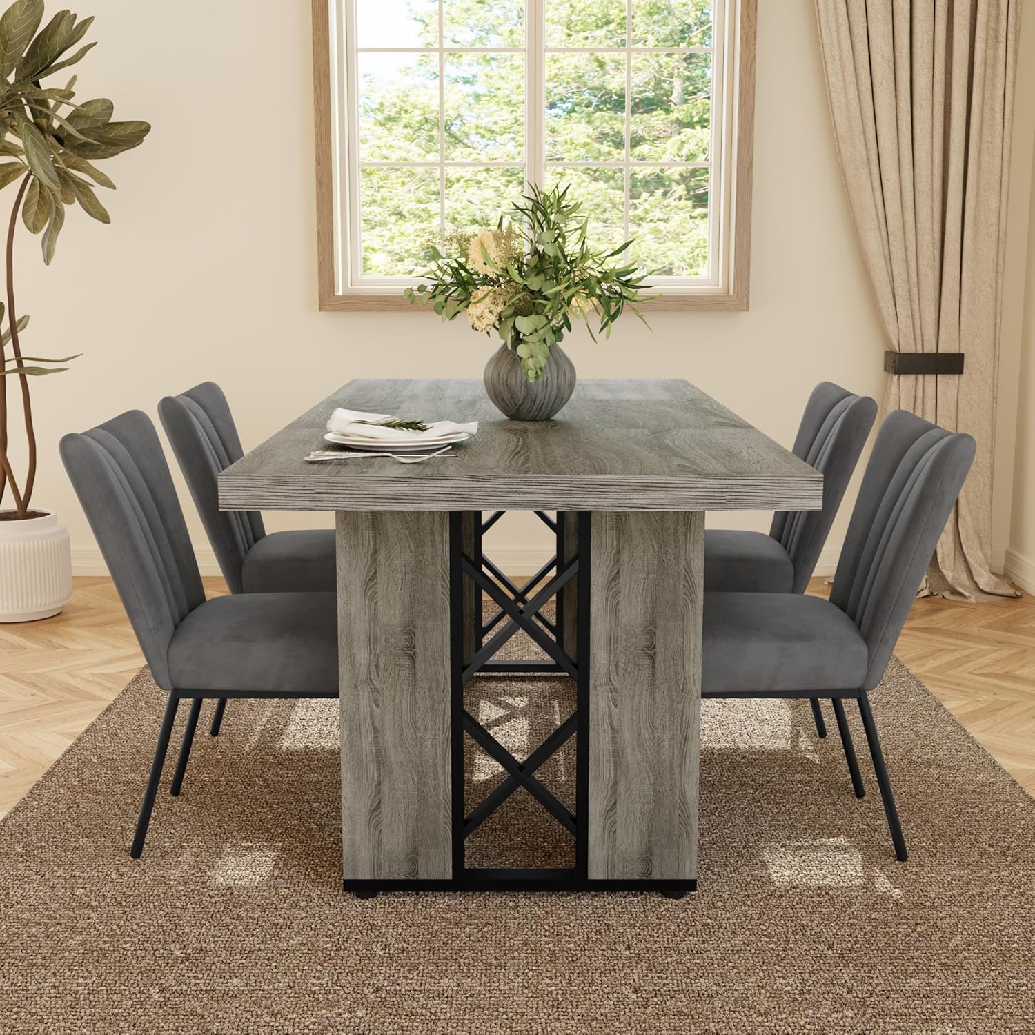 HIPIHOM 7-Piece Dining Table Set for 6 People, 70.8' MDF Kitchen Table with 6 Velvet Chairs, Space-Saving for Dining Room, Breakfast Nook(Grey Table+6 Grey Chairs)