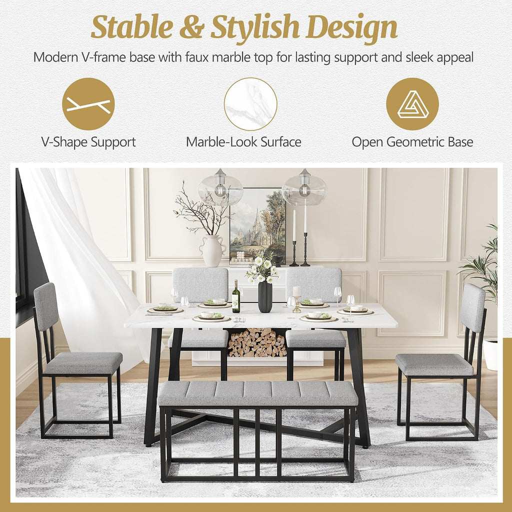 6-Piece Dining Room Set for 6, Faux Marble 51.18'' Dining Room Table with Linen Chairs & Bench, Sturdy Modern Kitchen Table and Chairs Set for Small Spaces