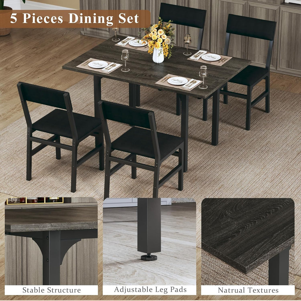 HUAHUU Dining Table Set for 4, Extendable Kitchen Table Cushion Chairs Set of 4, Rectangle Dining Table with Metal Frame & MDF Board, Folding for Small Apartment Saving Space, Gray