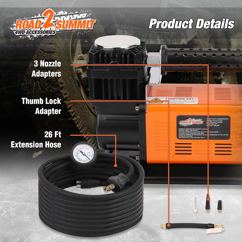 Heavy Duty Portable 12V Air Compressor Kit Inflate 6.35CFM (180L/ Min), Max 150PSI, Off-Road Air Compressor Kit for 4x4 Vehicle RV, Air Pump for ATVS Tire, for Car and SUV Tire
