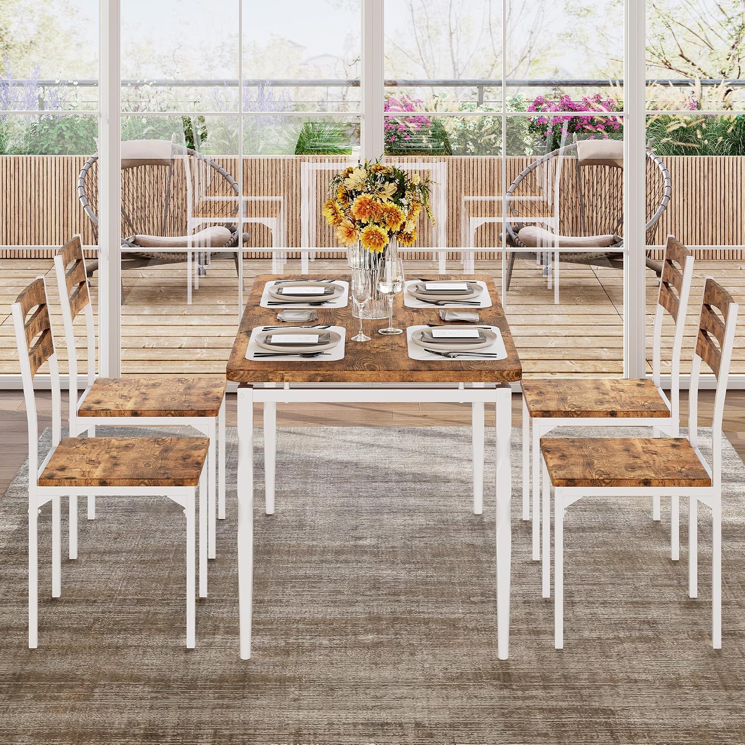 Garvee 5 Piecs Dining Table Set, Farmhouse Style Dining Table and Chairs Set for 4, Dining Set for Dining Room Kitchen Apartment, White & Brwon