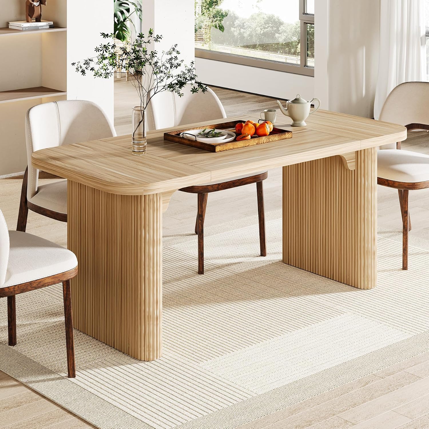 Tribesigns Modern Dining Table for 6 People, 62-Inch Natural Wood Kitchen Table with Double Robust Pedestal, Long Rectangle Wooden Dinner Table for Dining Room