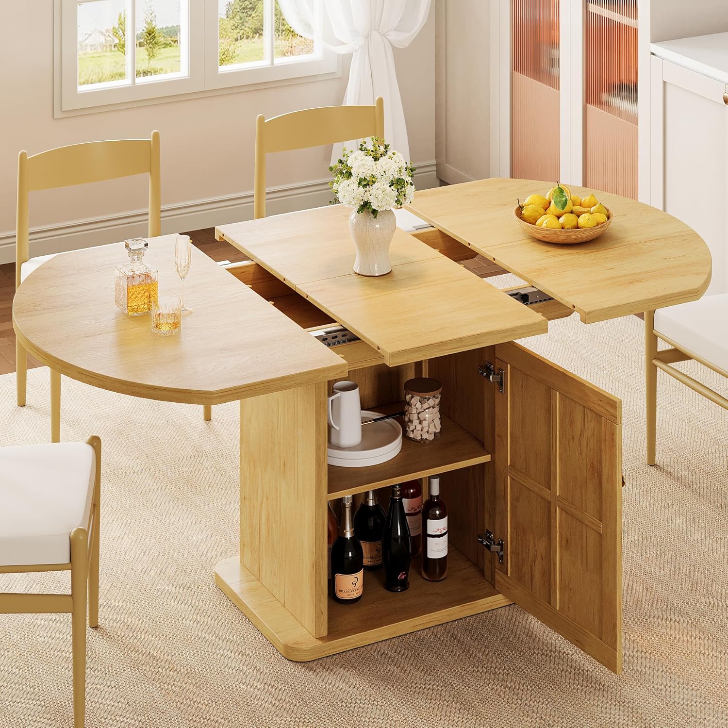 iPormis Round Dining Table for 4-6, 59'' Extendable Dining Room Kitchen Table with 2-Tier Storage Shelf, Modern Wood Dinner Table with Door & Pedestal Base, for Kitchen Living Room, Space Saving, Oak