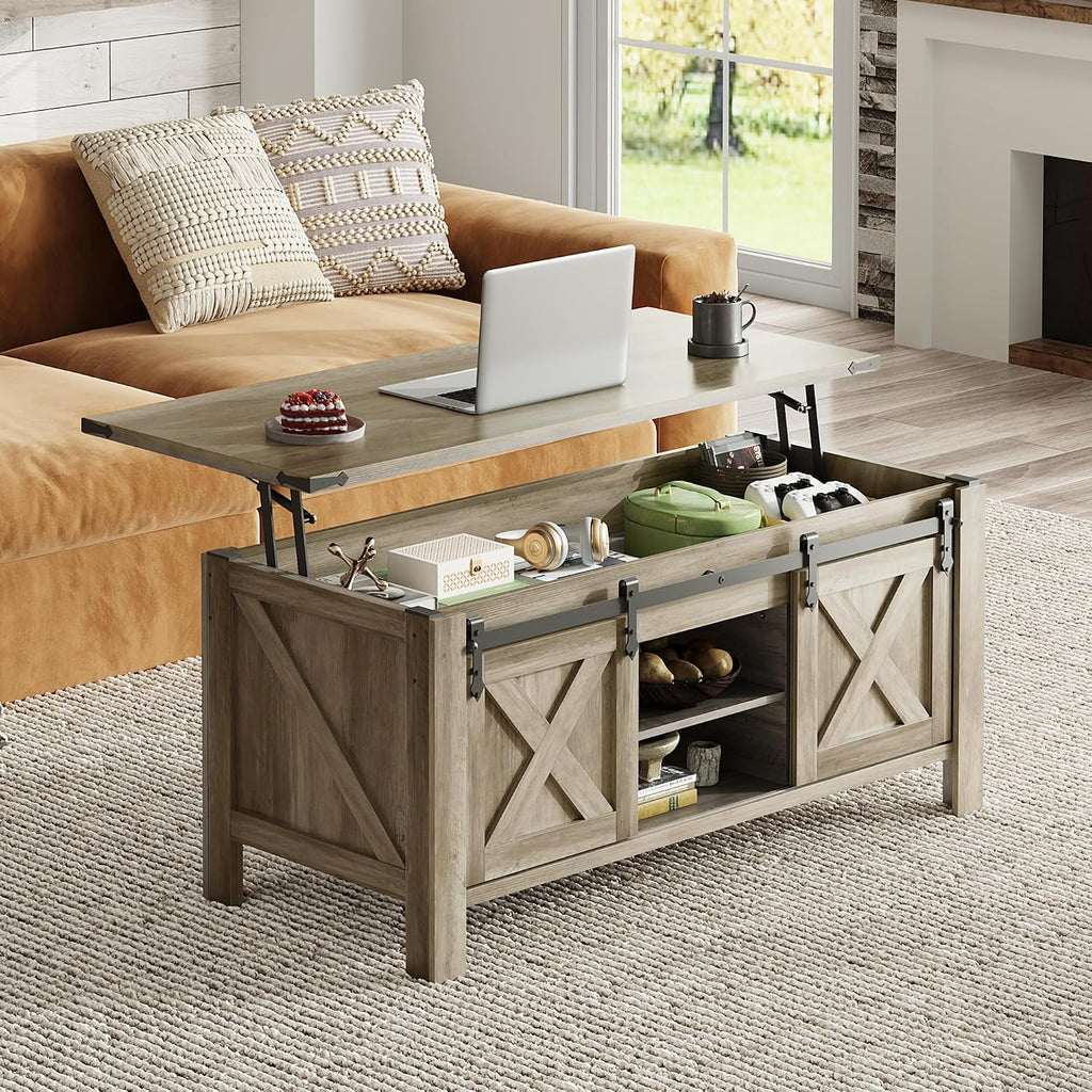 WLIVE 47.2' Farmhouse Lift Top Coffee Table with Sliding Barn Doors, Large Hidden Storage Compartment and Adjustable Shelf for Living Room,Office, Greige