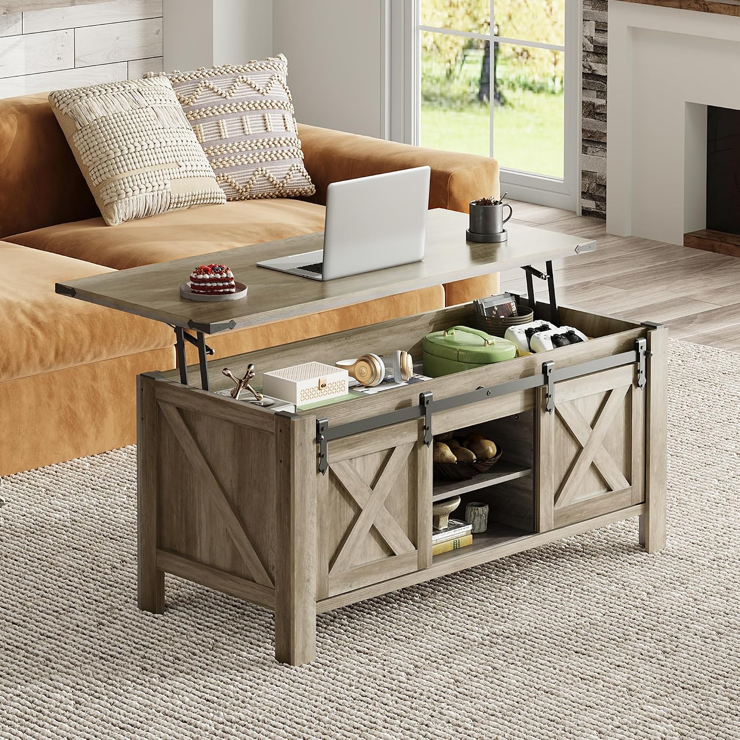 WLIVE 47.2' Farmhouse Lift Top Coffee Table with Sliding Barn Doors, Large Hidden Storage Compartment and Adjustable Shelf for Living Room,Office, Greige