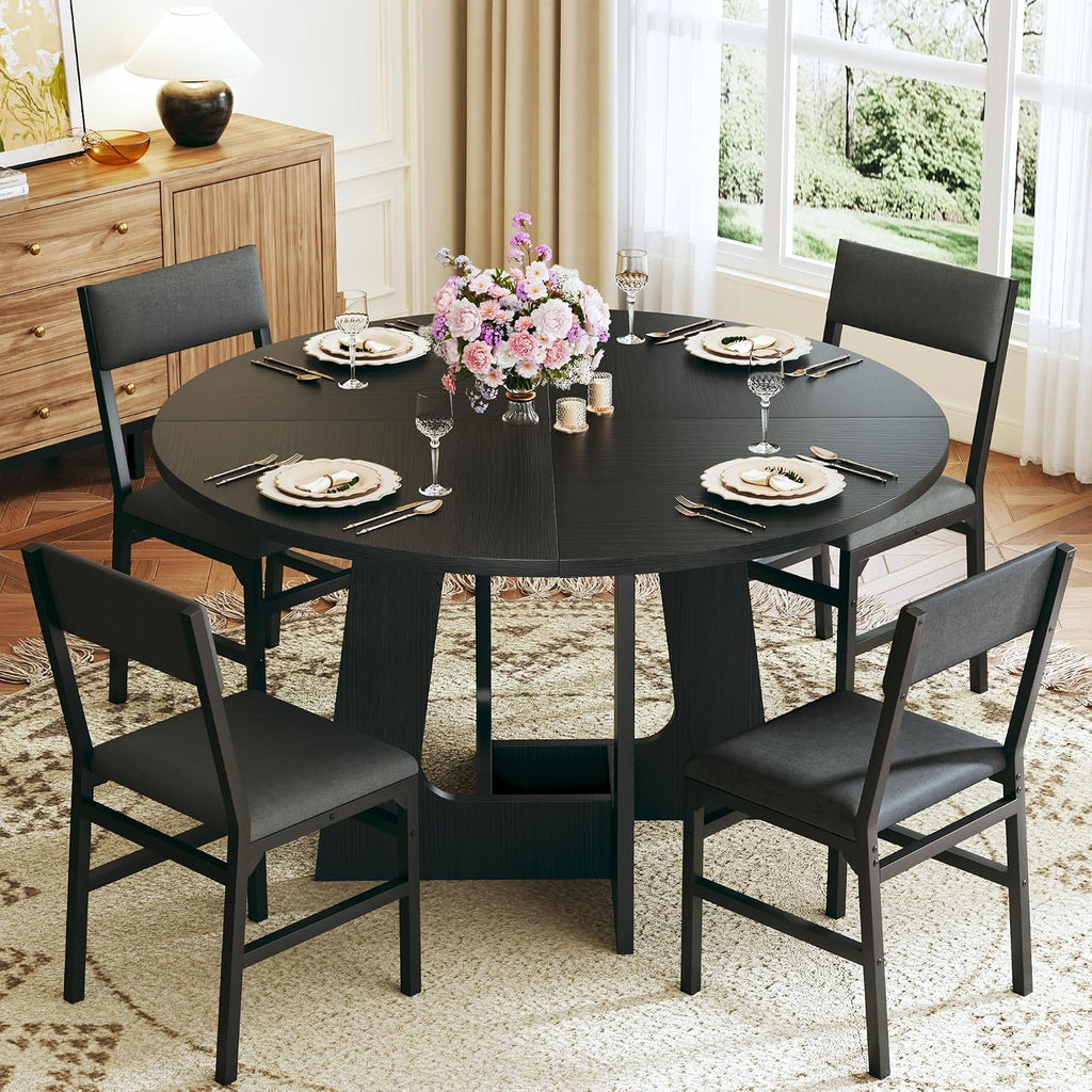 HUAHUU Round Dining Table Set for 4, 5-Piece Kitchen Table and Chairs for 4, 47'' Round Dining Room Table Set with 4 Chairs, Space Saving Dining Table with Wood Base for Kitchen, Living Room, Black