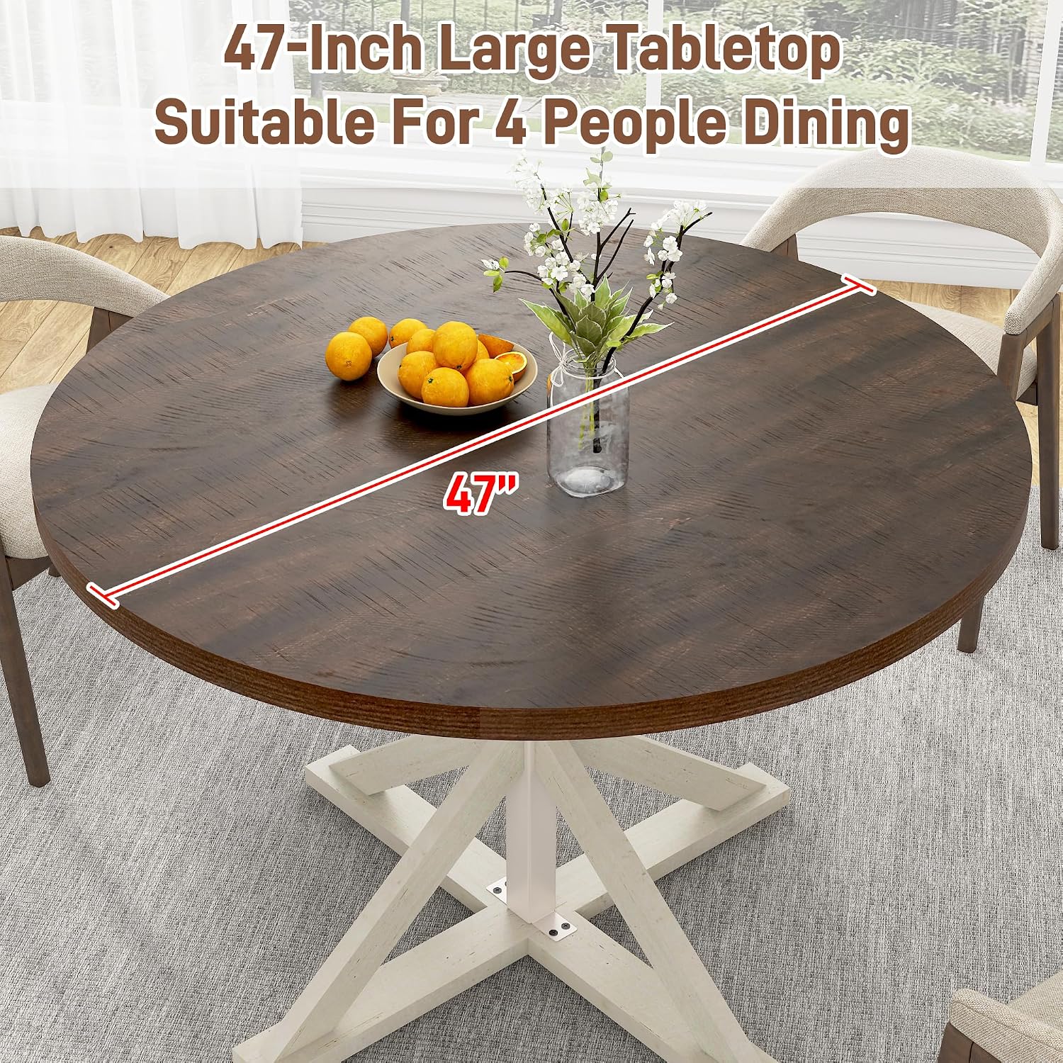 jiteentarou Round Wood Dining Table for Kitchen,Dining Room,Living Room,Farmhouse Dinner Tables W/Thickened Brown Waterproof Tabletop for 4 People,47 inch Rustic Kitchen Table W/Metal Support