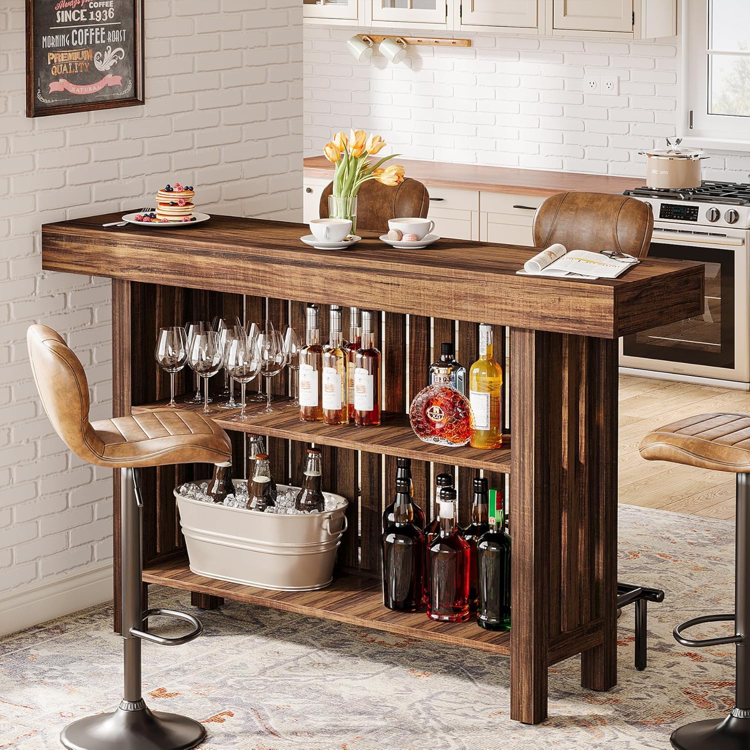 Tribesigns Large 2-Tier Bar Table, 63-Inch Mini Pub Table with Footrest, Rectangular Modern Coffee Bar Cabinet Counter Height Table for Home Kitchen, Bistro, Dining Room, Living Room, Rustic Brown