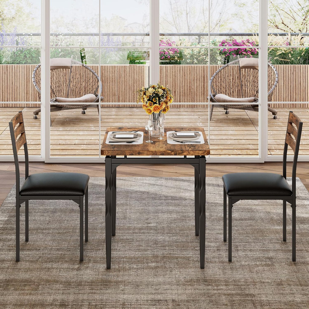 GarveeHome Dining Table Set for 2, Dining Table and Chairs Set of 2, 3 Piece Dining Table Set with Spiral Table Legs for Small Spaces, Kitchen, Apartment, Brown