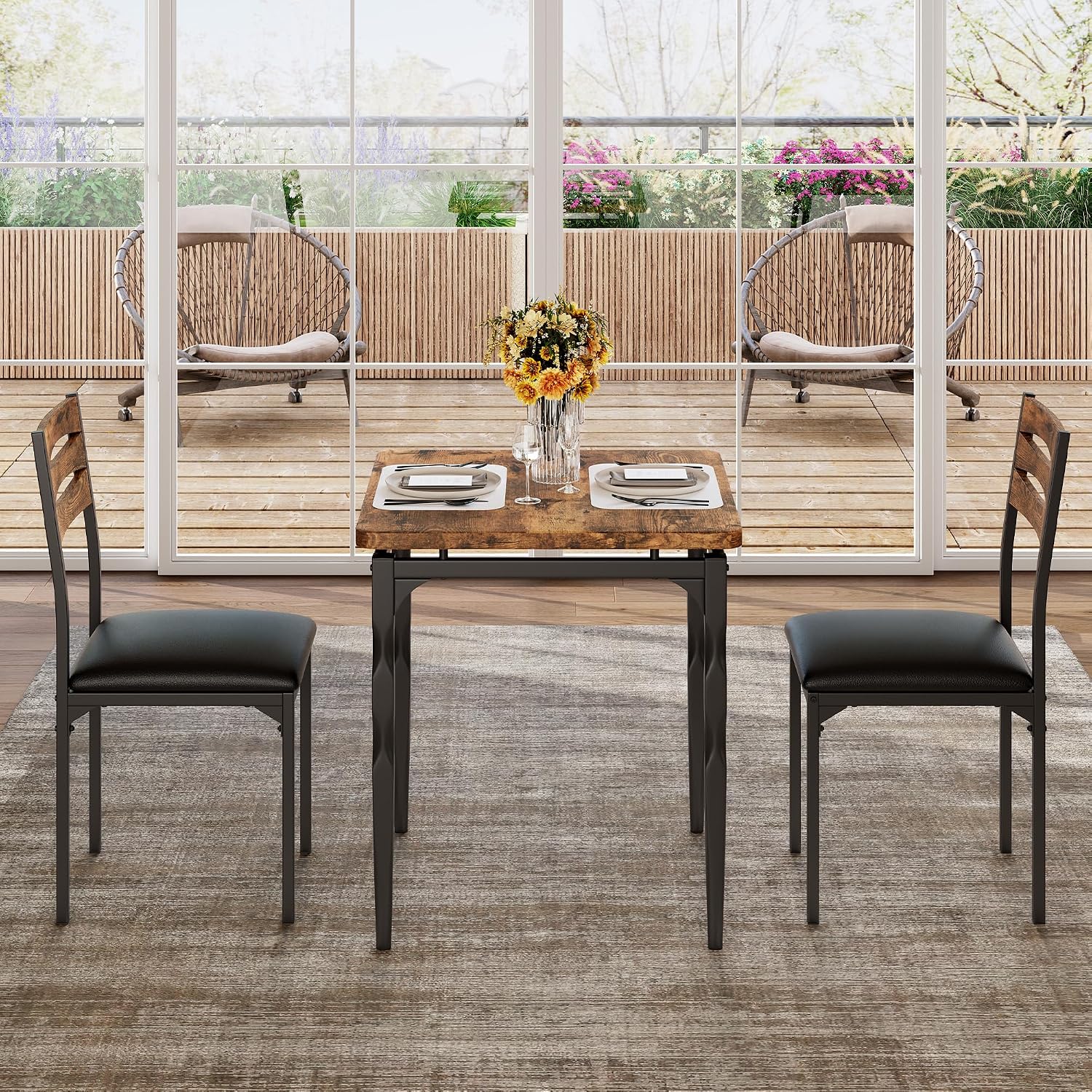 GarveeHome Dining Table Set for 2, Dining Table and Chairs Set of 2, 3 Piece Dining Table Set with Spiral Table Legs for Small Spaces, Kitchen, Apartment, Brown