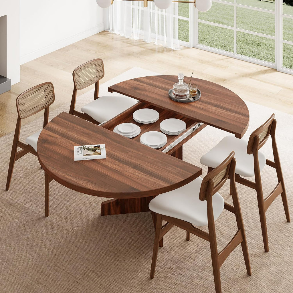 Feonase 59' Round Extendable Dining Room Table for 4-6, Modern Oval Kitchen Table with Heavy Duty Wood Base, Metal Frame Support, for Dining Kitchen Living Room, Easy Assembly, Noise-Free, Walnut
