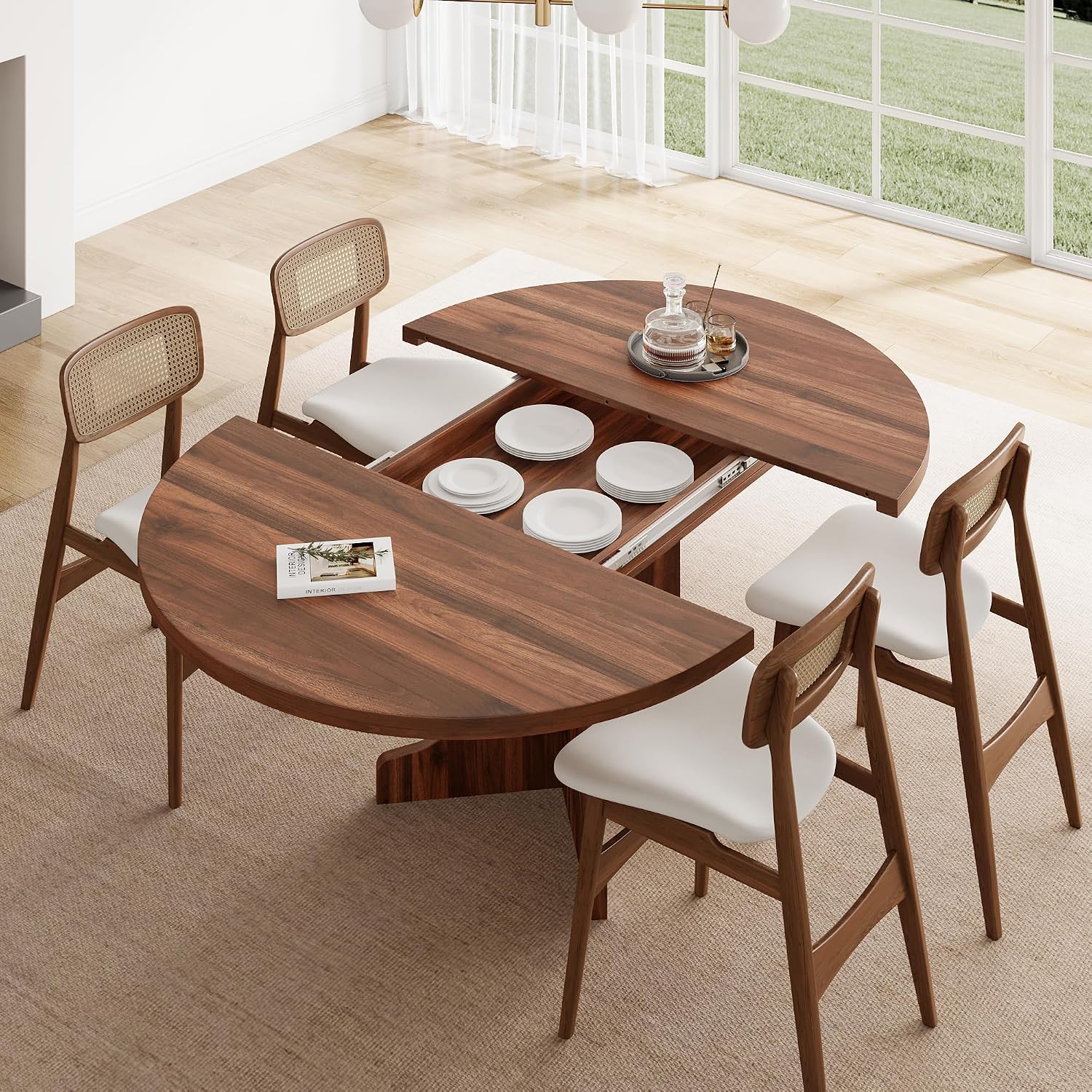 Feonase 59' Round Extendable Dining Room Table for 4-6, Modern Oval Kitchen Table with Heavy Duty Wood Base, Metal Frame Support, for Dining Kitchen Living Room, Easy Assembly, Noise-Free, Walnut