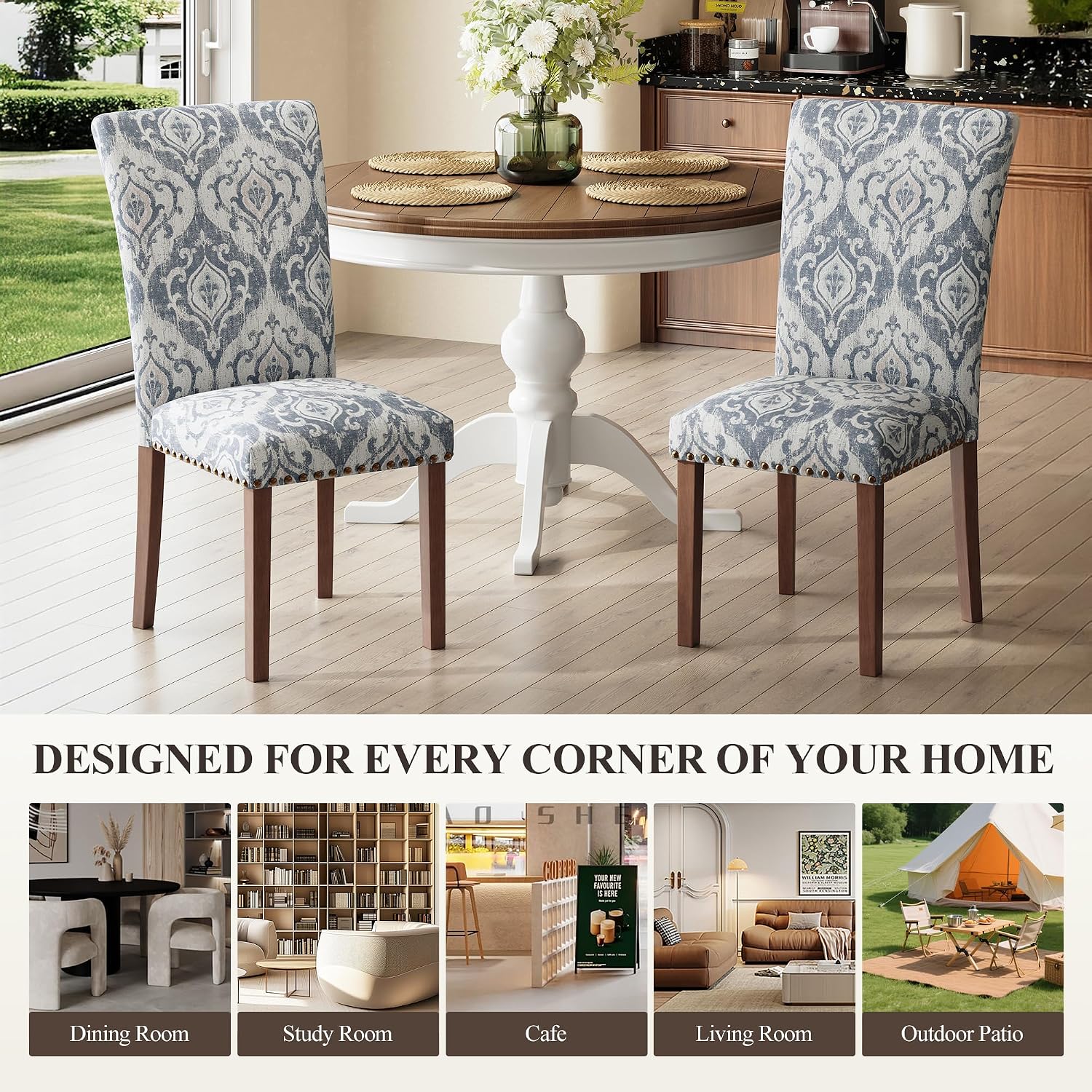 COLAMY Upholstered Parsons Dining Chairs Set of 6, Fabric Dining Room Kitchen Side Chair with Nailhead Trim and Wood Legs - Blue/White Flower