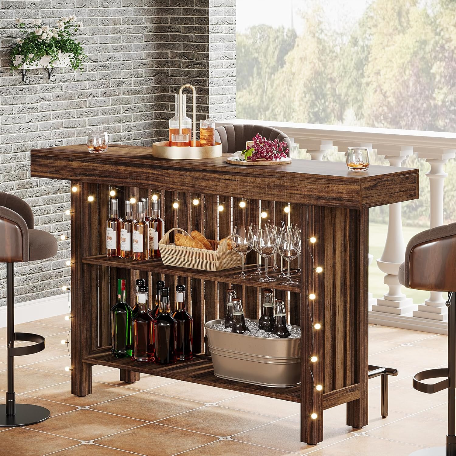 Tribesigns Large 2-Tier Bar Table, 63-Inch Mini Pub Table with Footrest, Rectangular Modern Coffee Bar Cabinet Counter Height Table for Home Kitchen, Bistro, Dining Room, Living Room, Rustic Brown
